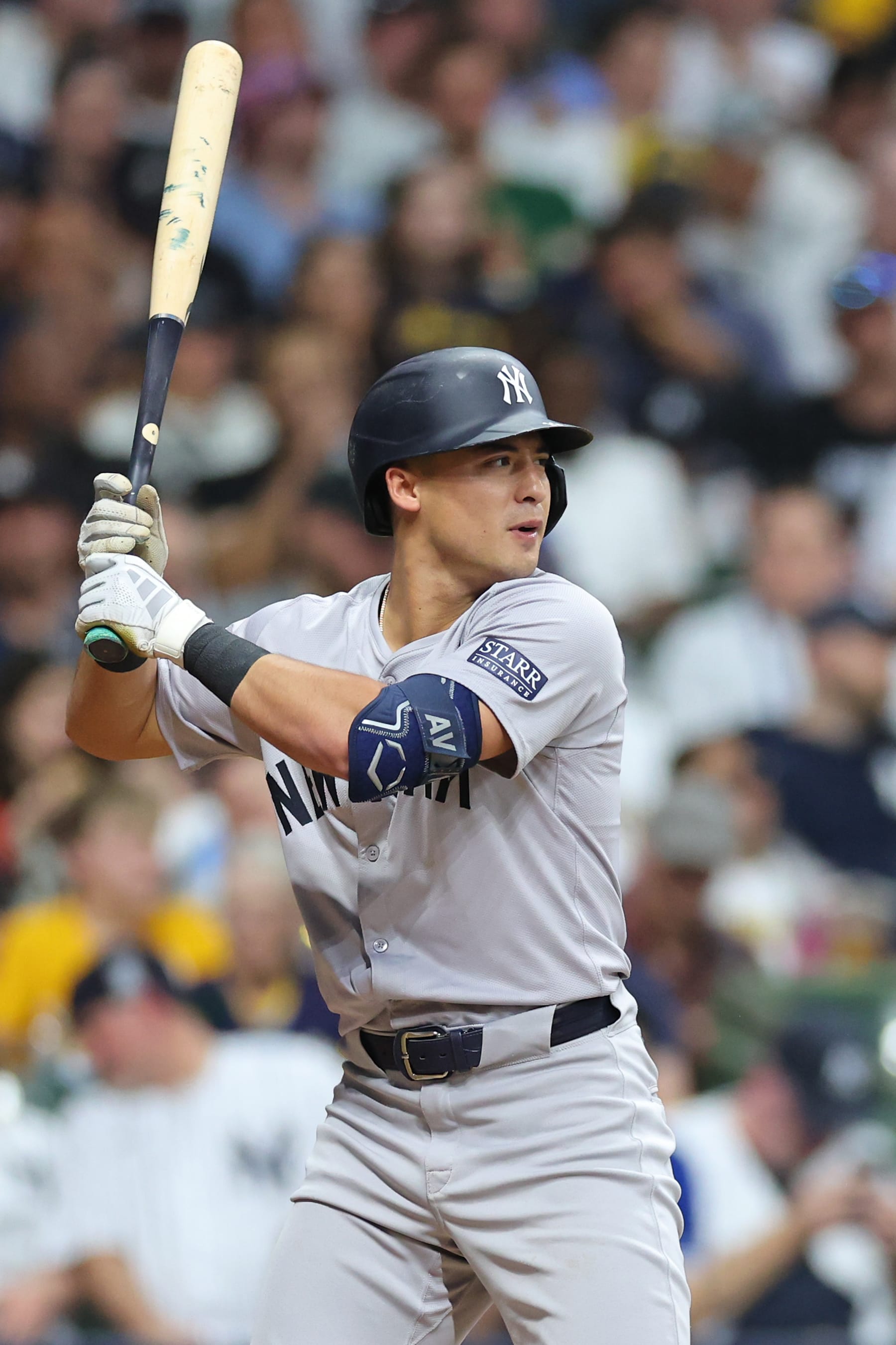 MILWAUKEE, WISCONSIN - APRIL 27: Anthony Volpe #11 of the New York Yankees at bat during a game against the Milwaukee Brewers at American Family Field on April 27, 2024 in Milwaukee, Wisconsin. (Photo by Stacy Revere/Getty Images)