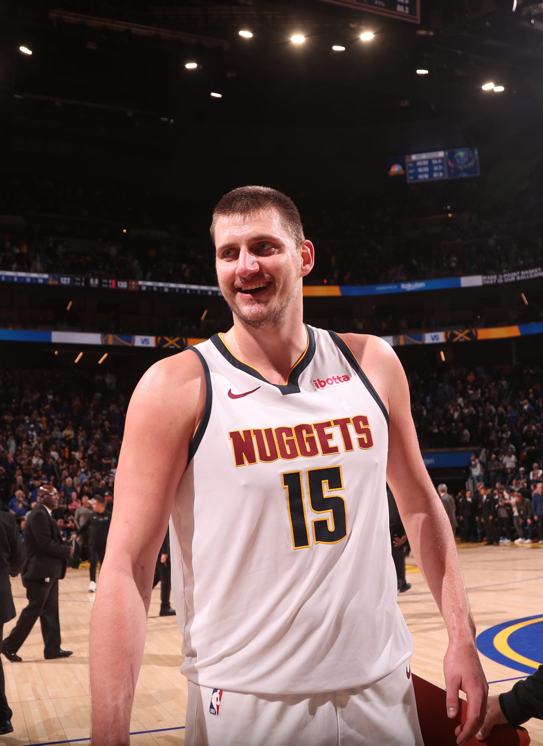 SAN FRANCISCO, CA - JANUARY 4: Nikola Jokic #15 of the Denver Nuggets smiles after the game against the Golden State Warriors on January 4, 2024 at Chase Center in San Francisco, California. NOTE TO USER: User expressly acknowledges and agrees that, by downloading and or using this photograph, user is consenting to the terms and conditions of Getty Images License Agreement. Mandatory Copyright Notice: Copyright 2024 NBAE (Photo by Jed Jacobsohn/NBAE via Getty Images)
