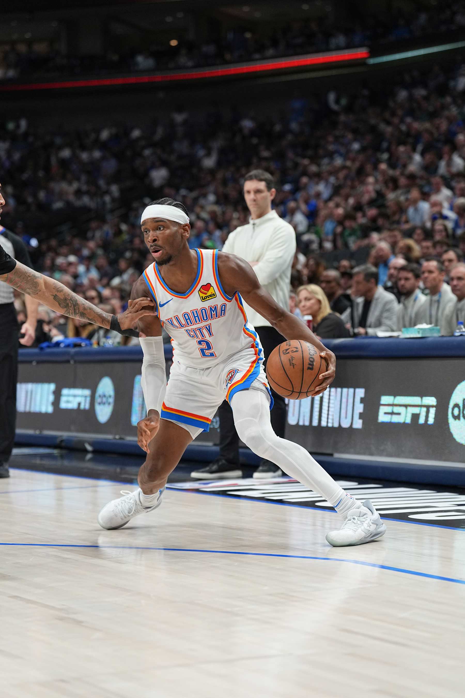 DALLAS, TX - MAY 18:  Shai Gilgeous-Alexander #2 of the Oklahoma City Thunder handles the ball during the game  against the Dallas Mavericks during Round 2 Game 6 of the 2024 NBA Playoffs  on May 18, 2024  at the American Airlines Center in Dallas, Texas. NOTE TO USER: User expressly acknowledges and agrees that, by downloading and or using this photograph, User is consenting to the terms and conditions of the Getty Images License Agreement. Mandatory Copyright Notice: Copyright 2024 NBAE (Photo by Glenn James/NBAE via Getty Images)