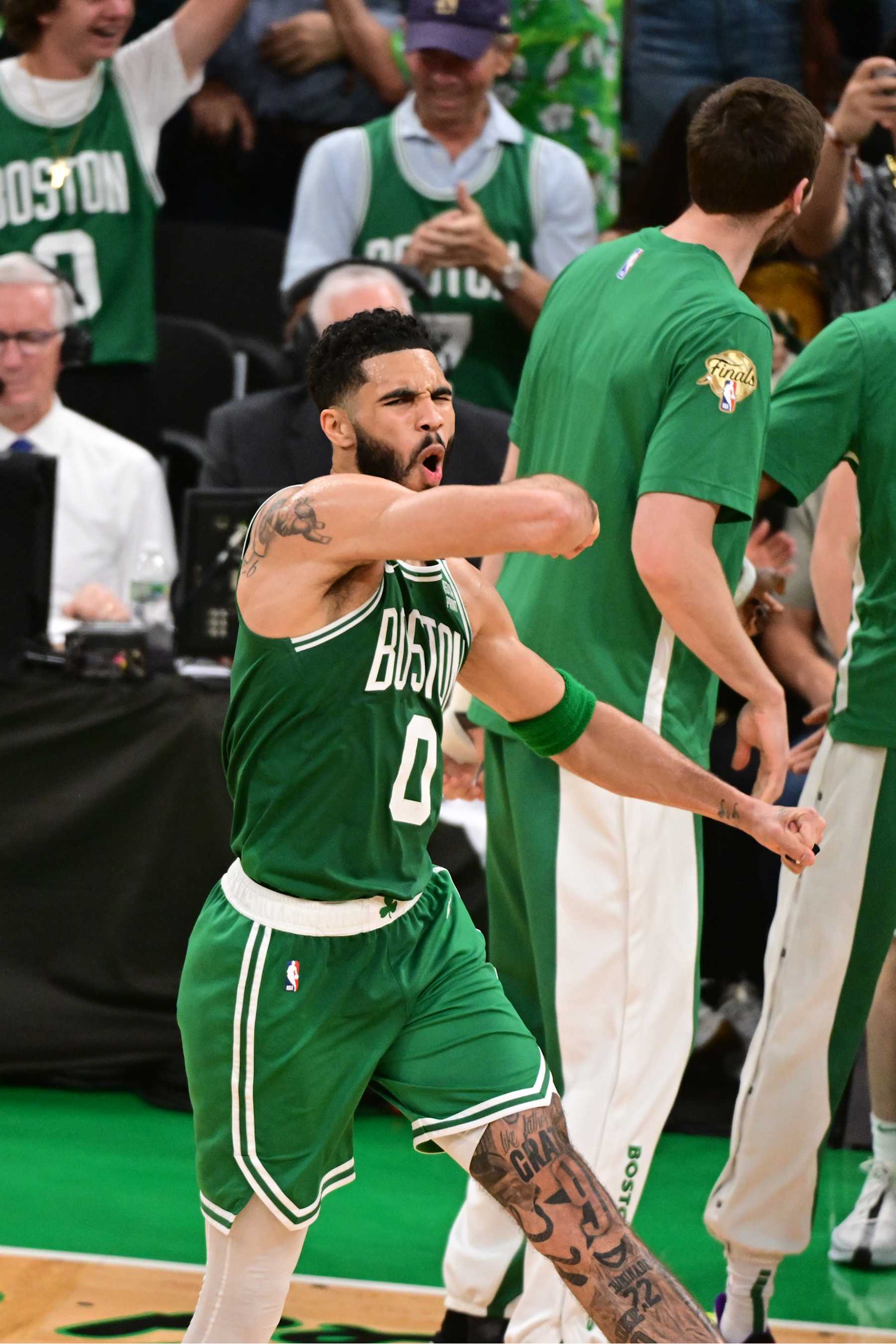 BOSTON, MA - JUNE 17: Jayson Tatum #0 of the Boston Celtics celebrates during the game against the Dallas Mavericks during Game Five of the 2024 NBA Finals on June 17, 2024 at the TD Garden in Boston, Massachusetts. NOTE TO USER: User expressly acknowledges and agrees that, by downloading and or using this photograph, User is consenting to the terms and conditions of the Getty Images License Agreement. Mandatory Copyright Notice: Copyright 2024 NBAE  (Photo by Adam Hagy/NBAE via Getty Images)
