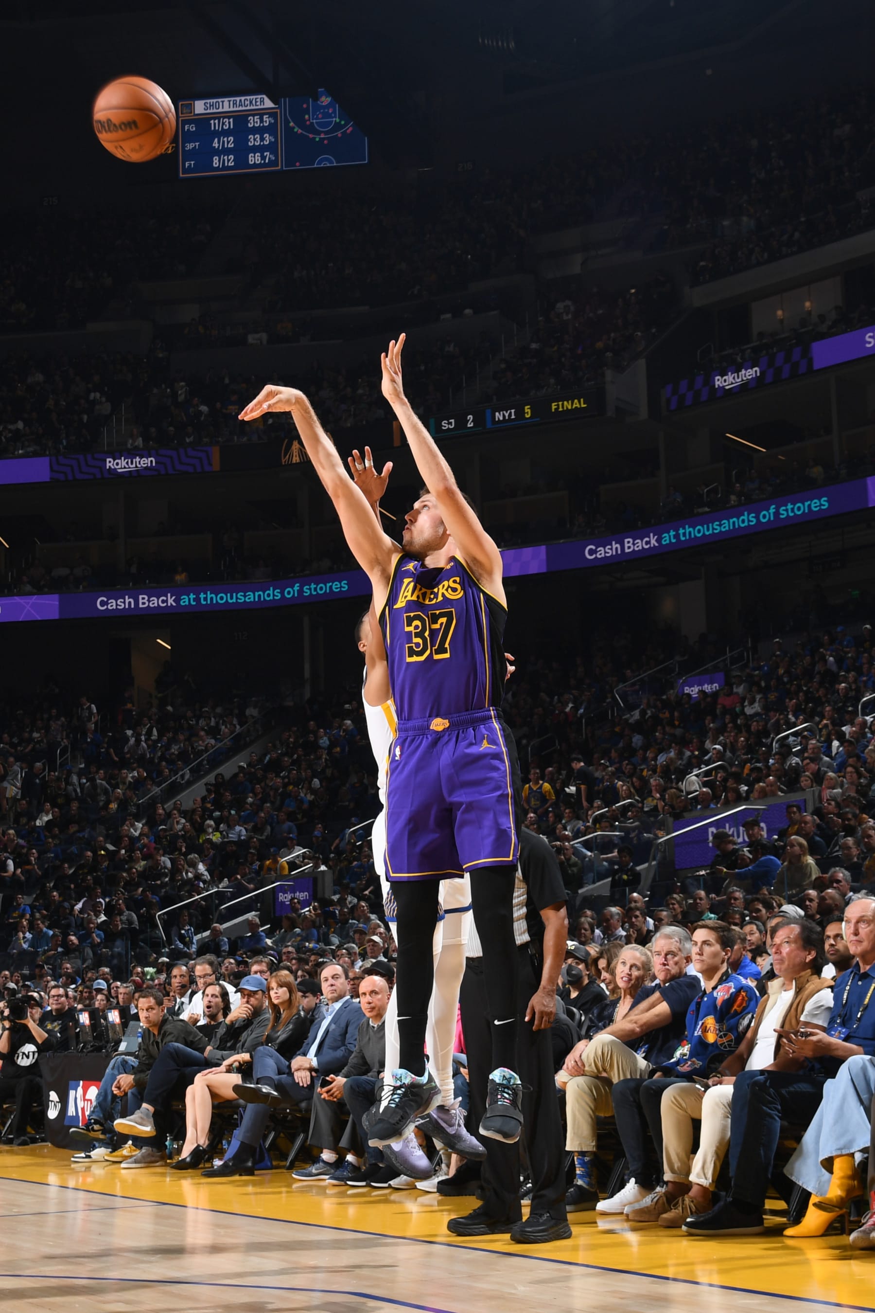 SAN FRANCISCO, CA - OCTOBER 18: Matt Ryan #37 of the Los Angeles Lakers shoots the ball during the game against the Golden State Warriors on October 18, 2022 at Chase Center in San Francisco, California. NOTE TO USER: User expressly acknowledges and agrees that, by downloading and or using this photograph, user is consenting to the terms and conditions of Getty Images License Agreement. Mandatory Copyright Notice: Copyright 2022 NBAE (Photo by Noah Graham/NBAE via Getty Images)