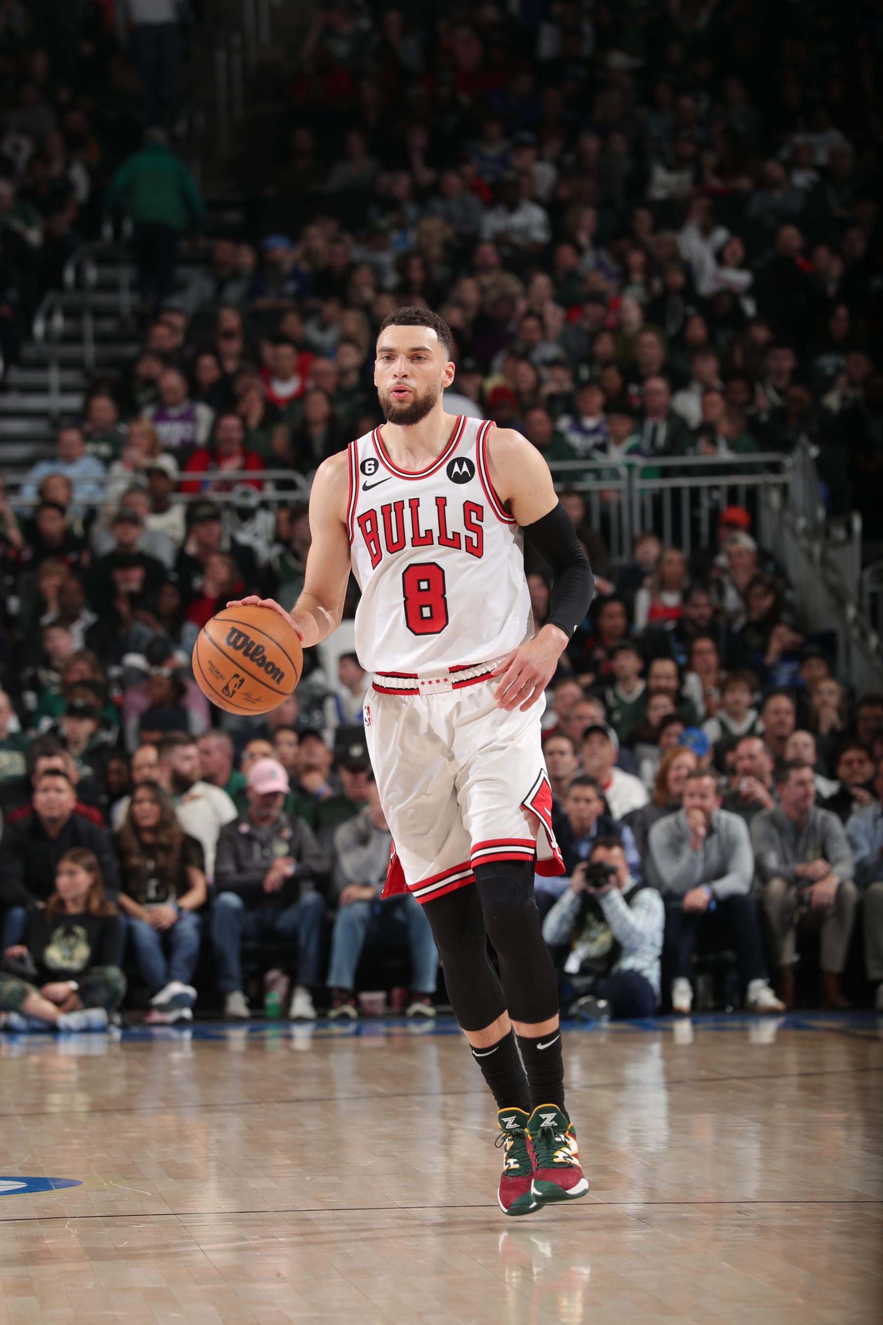 MILWAUKEE, WI - APRIL 5: Zach LaVine #8 of the Chicago Bulls handles the ball during the game against the Milwaukee Bucks on April 5, 2023 at the Fiserv Forum Center in Milwaukee, Wisconsin. NOTE TO USER: User expressly acknowledges and agrees that, by downloading and or using this Photograph, user is consenting to the terms and conditions of the Getty Images License Agreement. Mandatory Copyright Notice: Copyright 2023 NBAE (Photo by Gary Dineen/NBAE via Getty Images).