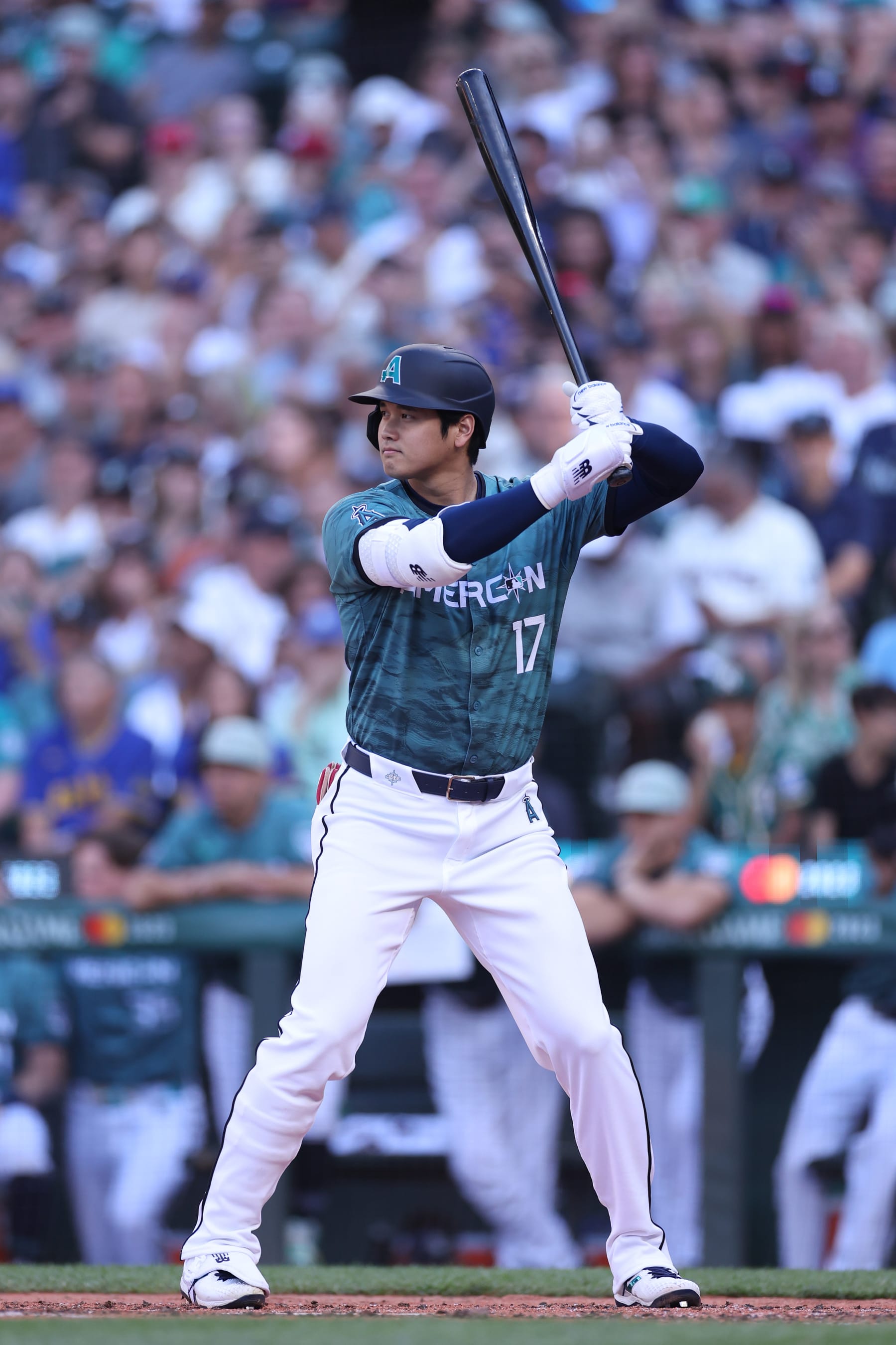 SEATTLE, WASHINGTON - JULY 11: Shohei Ohtani #17 of the Los Angeles Angels bats during the 93rd MLB All-Star Game presented by Mastercard at T-Mobile Park on July 11, 2023 in Seattle, Washington. (Photo by Steph Chambers/Getty Images)