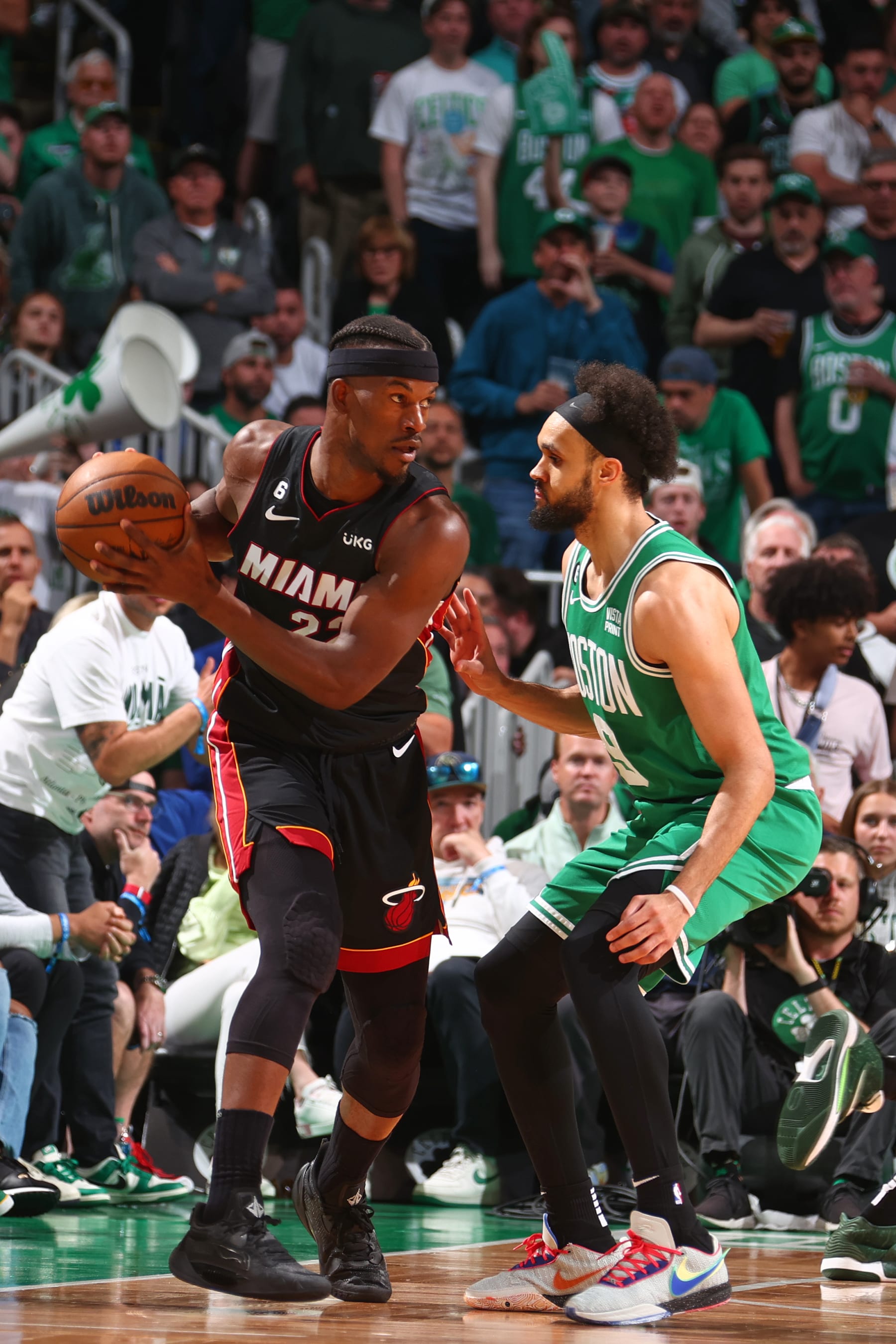 BOSTON, MA - MAY 29: Jimmy Butler #22 of the Miami Heat looks to pass the ball during round 3 game 7 of the Eastern Conference finals against the Boston Celtics on May 29, 2023 at the TD Garden in Boston, Massachusetts. NOTE TO USER: User expressly acknowledges and agrees that, by downloading and or using this photograph, User is consenting to the terms and conditions of the Getty Images License Agreement. Mandatory Copyright Notice: Copyright 2023 NBAE  (Photo by Nathaniel S. Butler/NBAE via Getty Images)