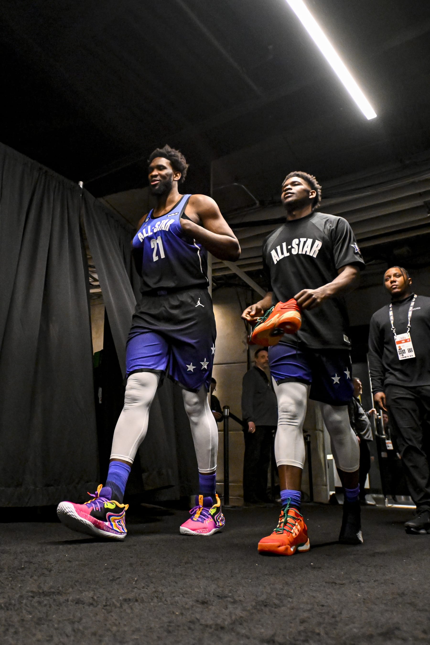 SALT LAKE CITY, UT - FEBRUARY 19: Joel Embiid #21 of the Philadelphia 76ers & Anthony Edwards #1 of the Minnesota Timberwolves looks on during the NBA All-Star Game as part of 2023 NBA All Star Weekend on Sunday, February 19, 2023 at Vivint Arena in Salt Lake City, Utah. NOTE TO USER: User expressly acknowledges and agrees that, by downloading and/or using this Photograph, user is consenting to the terms and conditions of the Getty Images License Agreement. Mandatory Copyright Notice: Copyright 2023 NBAE (Photo by Logan Riely/NBAE via Getty Images)