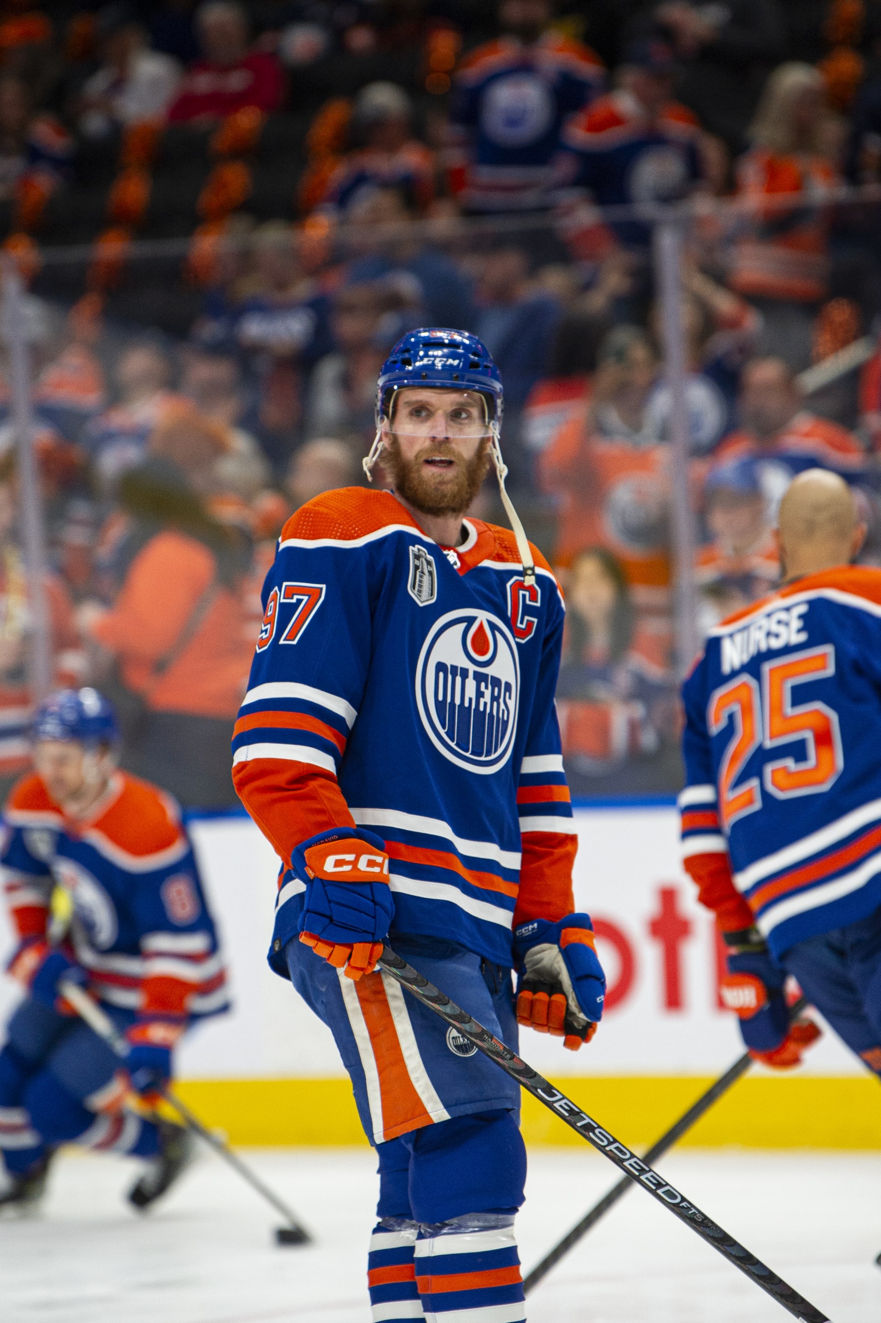 EDMONTON, ALBERTA - JUNE 15: Connor McDavid #97 of the Edmonton Oilers warms up before taking on the Florida Panthers in Game Four of the Stanley Cup Final at Rogers Place on June 15, 2024 in Edmonton, Alberta. (Photo by Paul Swanson/NHLI via Getty Images)