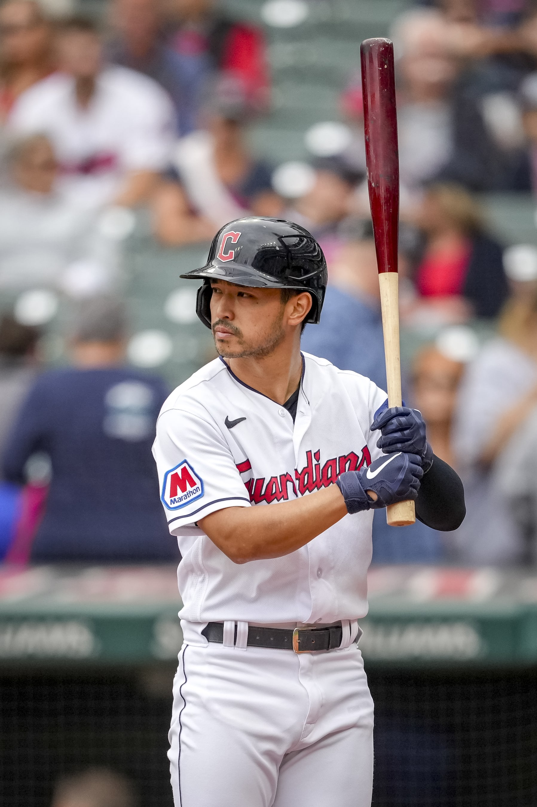 CLEVELAND, OHIO - SEPTEMBER 24: Steven Kwan #38 of the Cleveland Guardians at bat against the Baltimore Orioles at Progressive Field on September 24, 2023 in Cleveland, Ohio. (Photo by Nic Antaya/Getty Images)