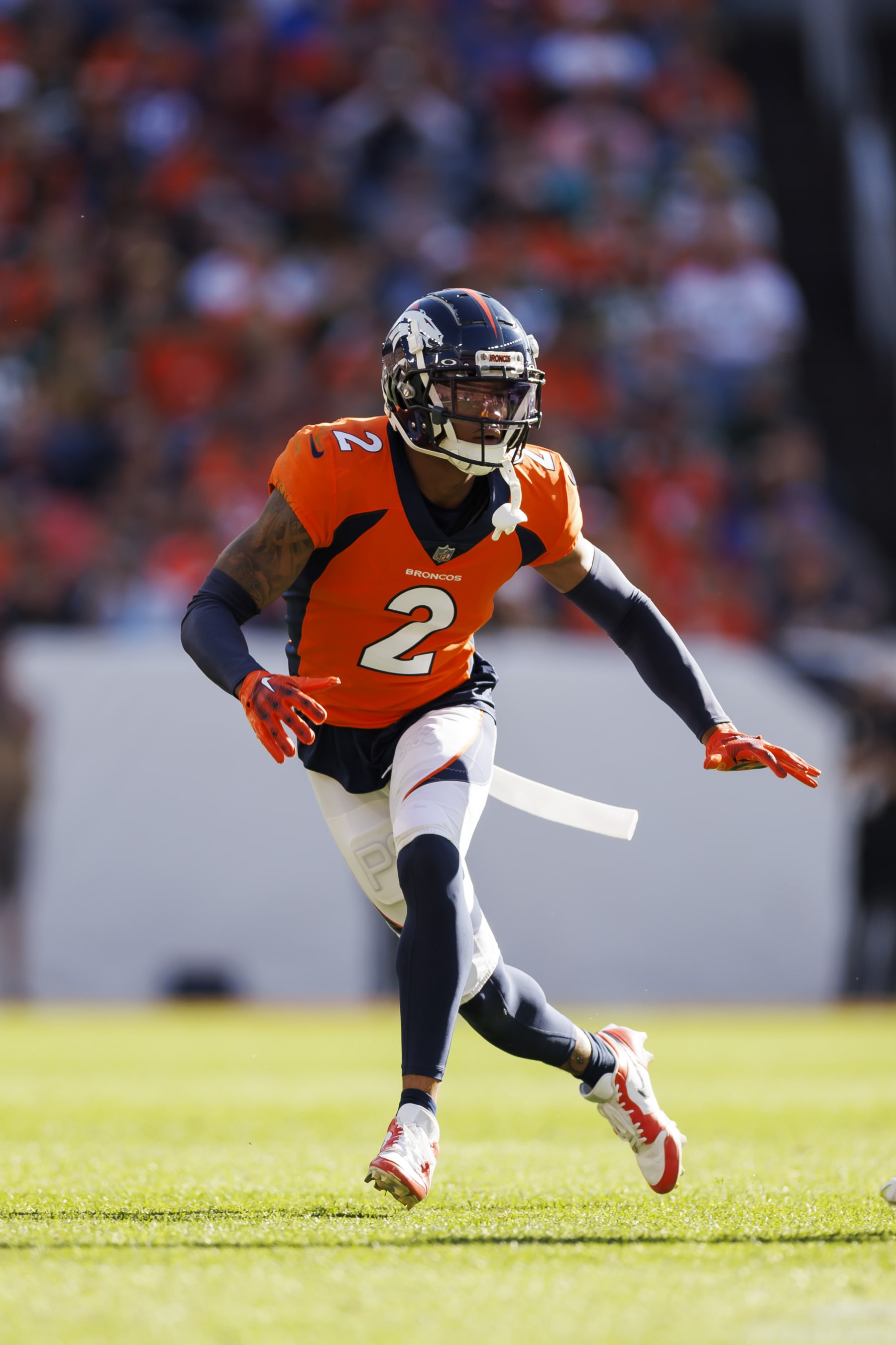 DENVER, COLORADO - OCTOBER 22: Pat Surtain II #2 of the Denver Broncos defends in coverage during an NFL football game against the Green Bay Packers at Empower Field At Mile High on October 22, 2023 in Denver, Colorado. (Photo by Ryan Kang/Getty Images)