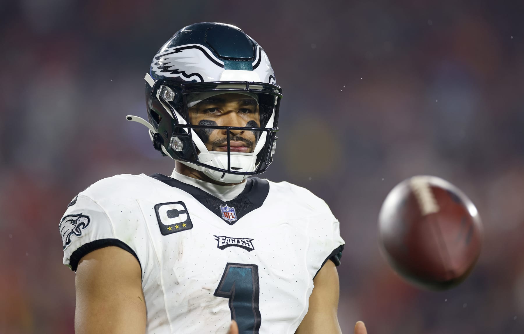 TAMPA, FLORIDA - JANUARY 15: Jalen Hurts #1 of the Philadelphia Eagles plays during the NFC Wild Card game against the Tampa Bay Buccaneers at Raymond James Stadium on January 15, 2024 in Tampa, Florida. (Photo by Mike Ehrmann/Getty Images)