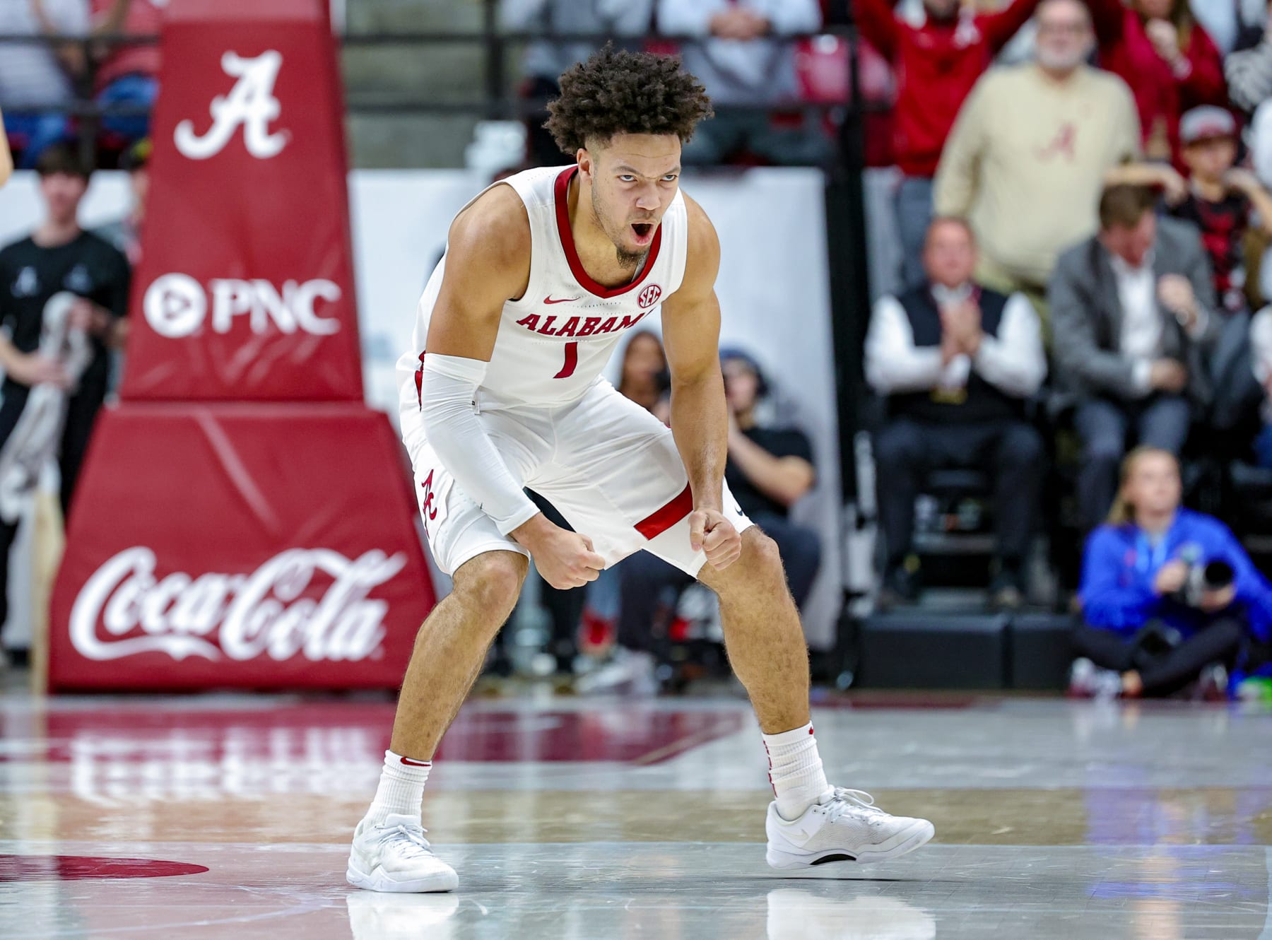 TUSCALOOSA, ALABAMA - FEBRUARY 21: Mark Sears #1 of the Alabama Crimson Tide reacts after a big offensive play during the second half against the Florida Gators at Coleman Coliseum on February 21, 2024 in Tuscaloosa, Alabama. (Photo by Brandon Sumrall/Getty Images)