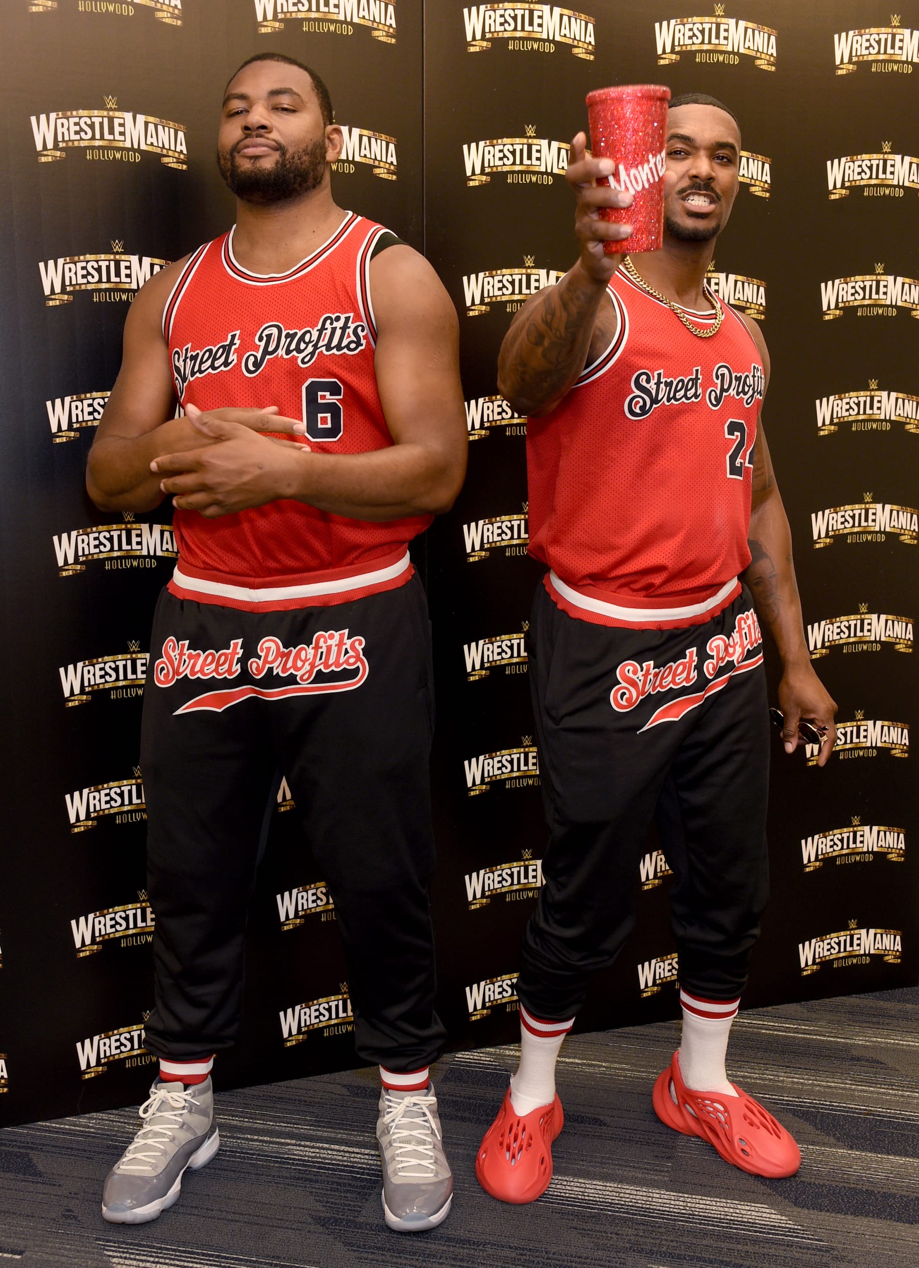 INGLEWOOD, CALIFORNIA - AUGUST 11: Angelo Dawkins and Montez Ford of Street Profits attend the WrestleMania Launch Party at SoFi Stadium on August 11, 2022 in Inglewood, California. (Photo by Gregg DeGuire/Getty Images)