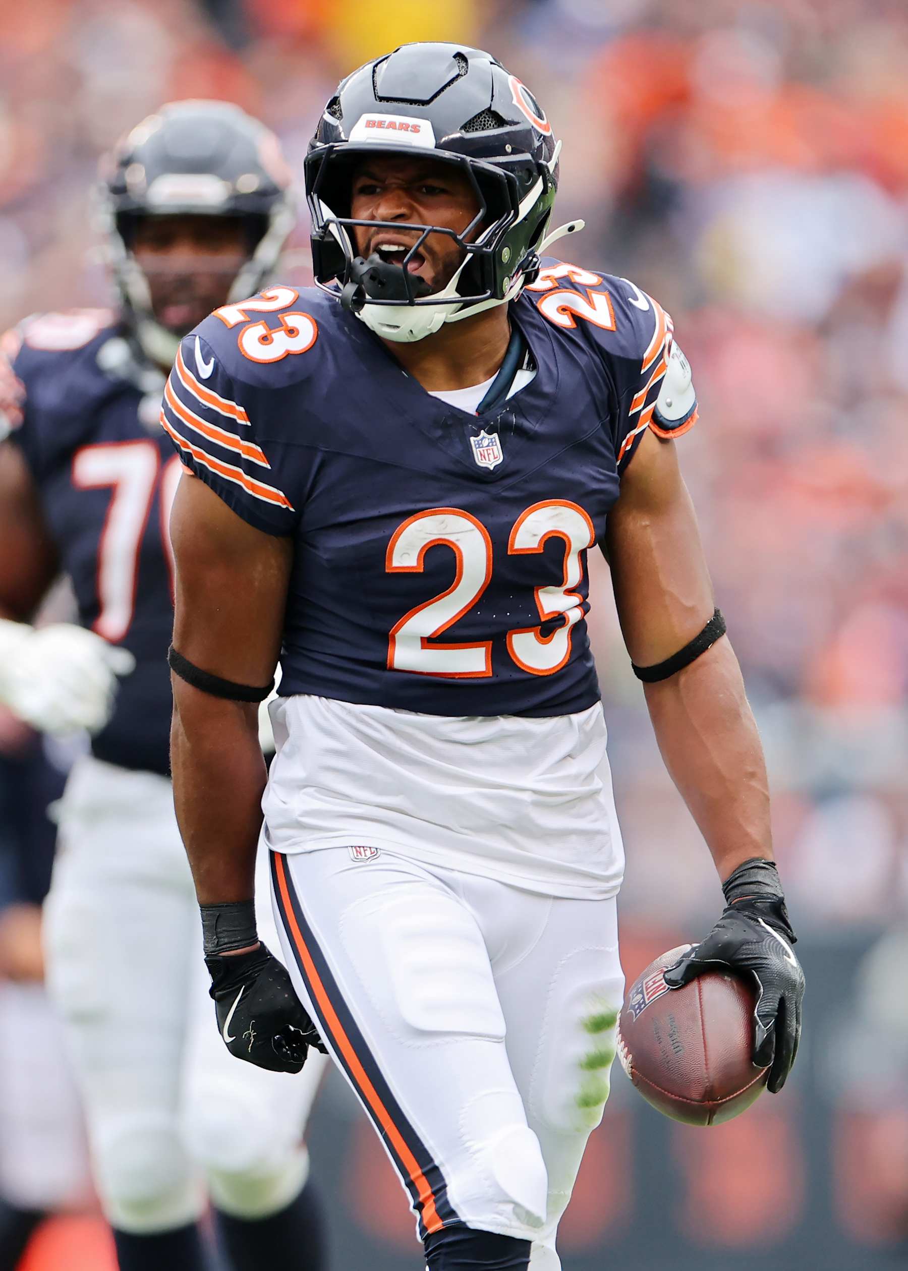 CHICAGO, ILLINOIS - SEPTEMBER 29: Roschon Johnson #23 of the Chicago Bears celebrates after his first down reception against the Los Angeles Rams during the second quarter at Soldier Field on September 29, 2024 in Chicago, Illinois. (Photo by Michael Reaves/Getty Images)
