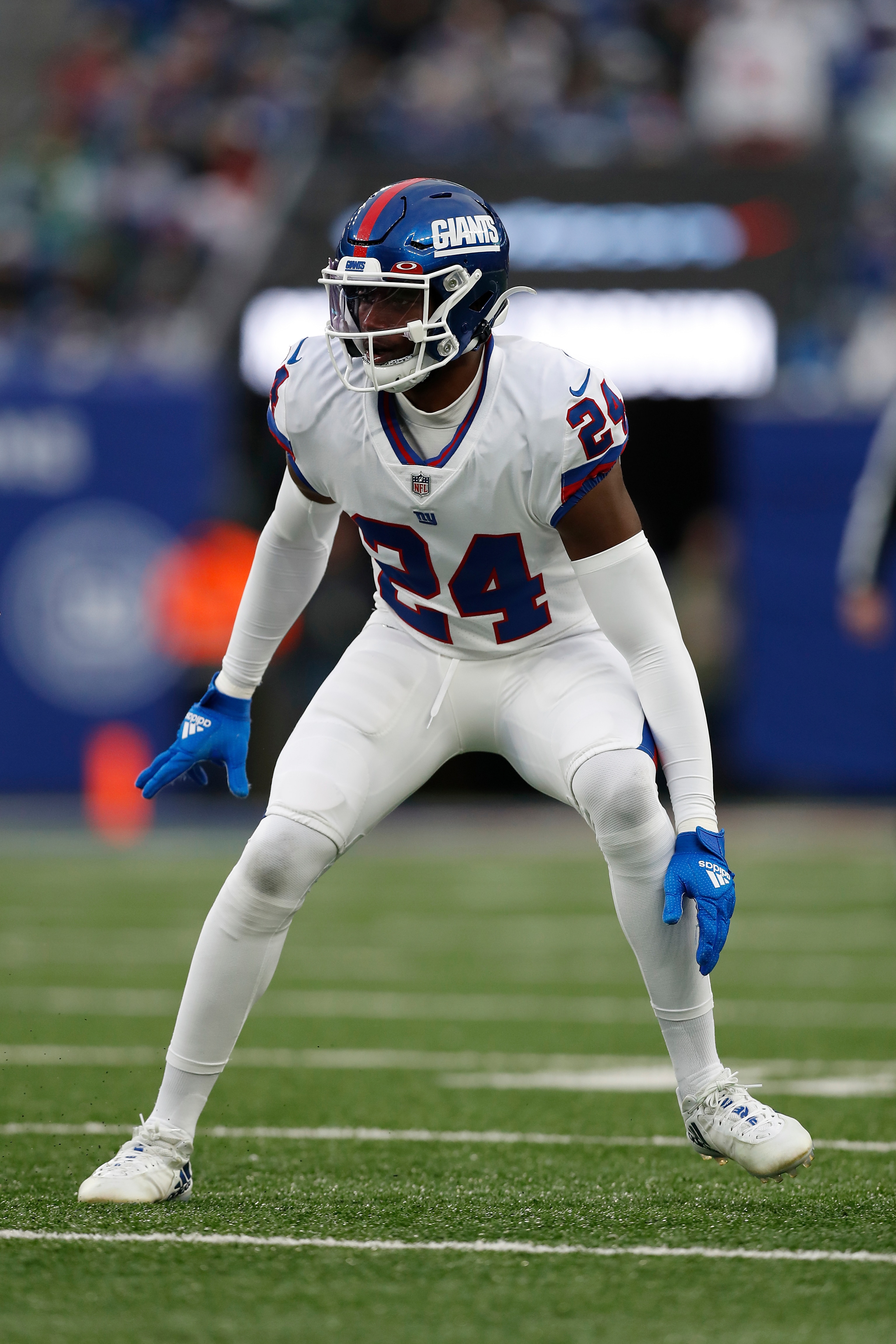 New York Giants cornerback James Bradberry (24) in coverage during an NFL football game against the Philadelphia Eagles, Sunday, Nov. 28, 2021, in East Rutherford, N.J. The New York Giants defeated the Philadelphia Eagles 13-7. (AP Photo/Steve Luciano)