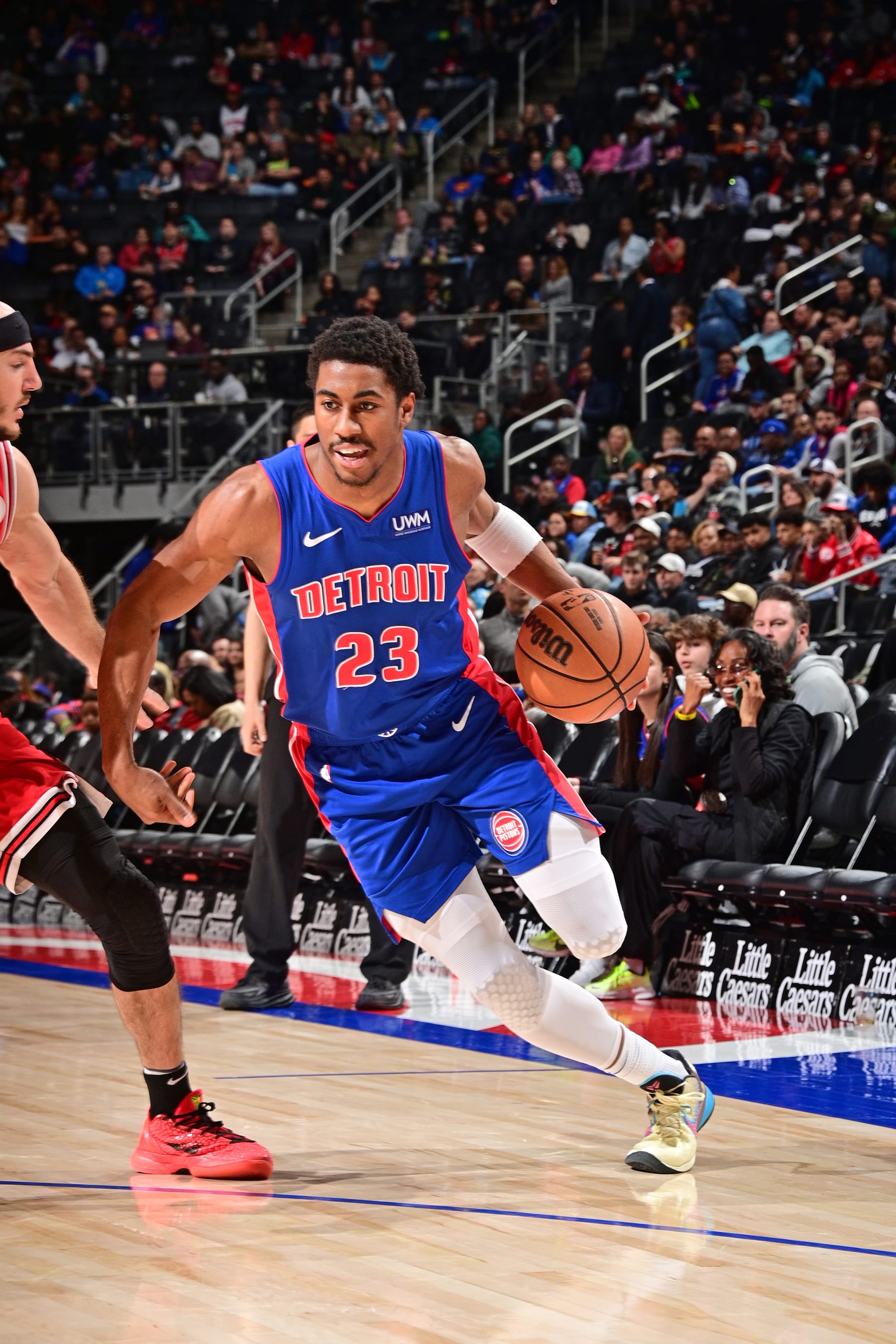 DETROIT, MI - APRIL 11: Jaden Ivey #23 of the Detroit Pistons dribbles the ball during the game against the Chicago Bulls on April 11, 2024 at Little Caesars Arena in Detroit, Michigan. NOTE TO USER: User expressly acknowledges and agrees that, by downloading and/or using this photograph, User is consenting to the terms and conditions of the Getty Images License Agreement. Mandatory Copyright Notice: Copyright 2024 NBAE (Photo by Chris Schwegler/NBAE via Getty Images)