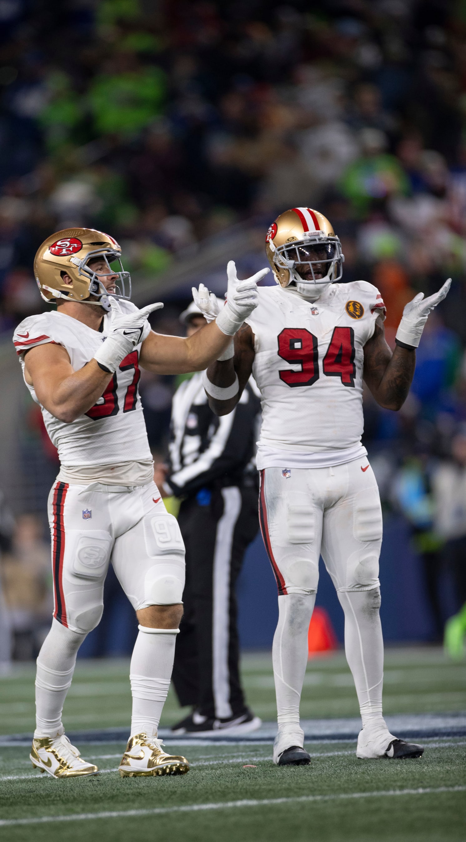 SEATTLE, WA - NOVEMBER 23: Nick Bosa #97 of the San Francisco 49ers celebrates after sacking the quarterback during the game against the Seattle Seahawks at Levi's Stadium on November 23, 2023 in Seattle, Washington. The 49ers defeated the Seahawks 31-13. (Photo by Michael Zagaris/San Francisco 49ers/Getty Images)