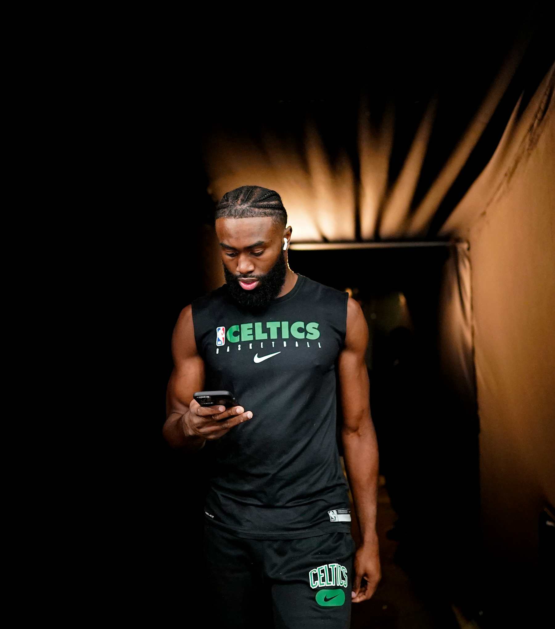 BOSTON, MA - JUNE 10:  Jaylen Brown #7 of the Boston Celtics runs to the court before Game Four of the 2022 NBA Finals against the Golden State Warriors on June 10, 2022 at TD Garden in Boston, Massachusetts. NOTE TO USER: User expressly acknowledges and agrees that, by downloading and or using this photograph, user is consenting to the terms and conditions of Getty Images License Agreement. Mandatory Copyright Notice: Copyright 2022 NBAE (Photo by Mark Blinch/NBAE via Getty Images)