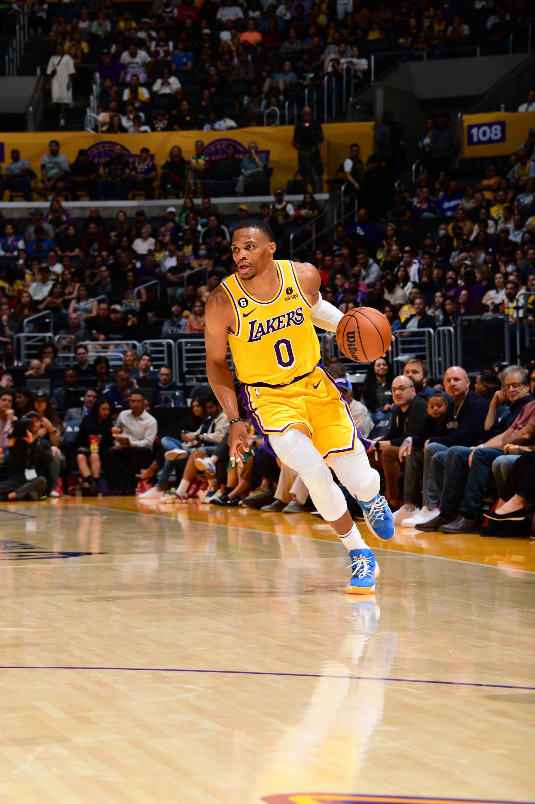 LOS ANGELES, CA - OCTOBER 3: Russell Westbrook #0 of the Los Angeles Lakers dribbles the ball against the Sacramento Kings during a preseason game on October 3, 2022 at Crypto.com Arena in Los Angeles, California. NOTE TO USER: User expressly acknowledges and agrees that, by downloading and/or using this Photograph, user is consenting to the terms and conditions of the Getty Images License Agreement. Mandatory Copyright Notice: Copyright 2022 NBAE (Photo by Adam Pantozzi/NBAE via Getty Images)