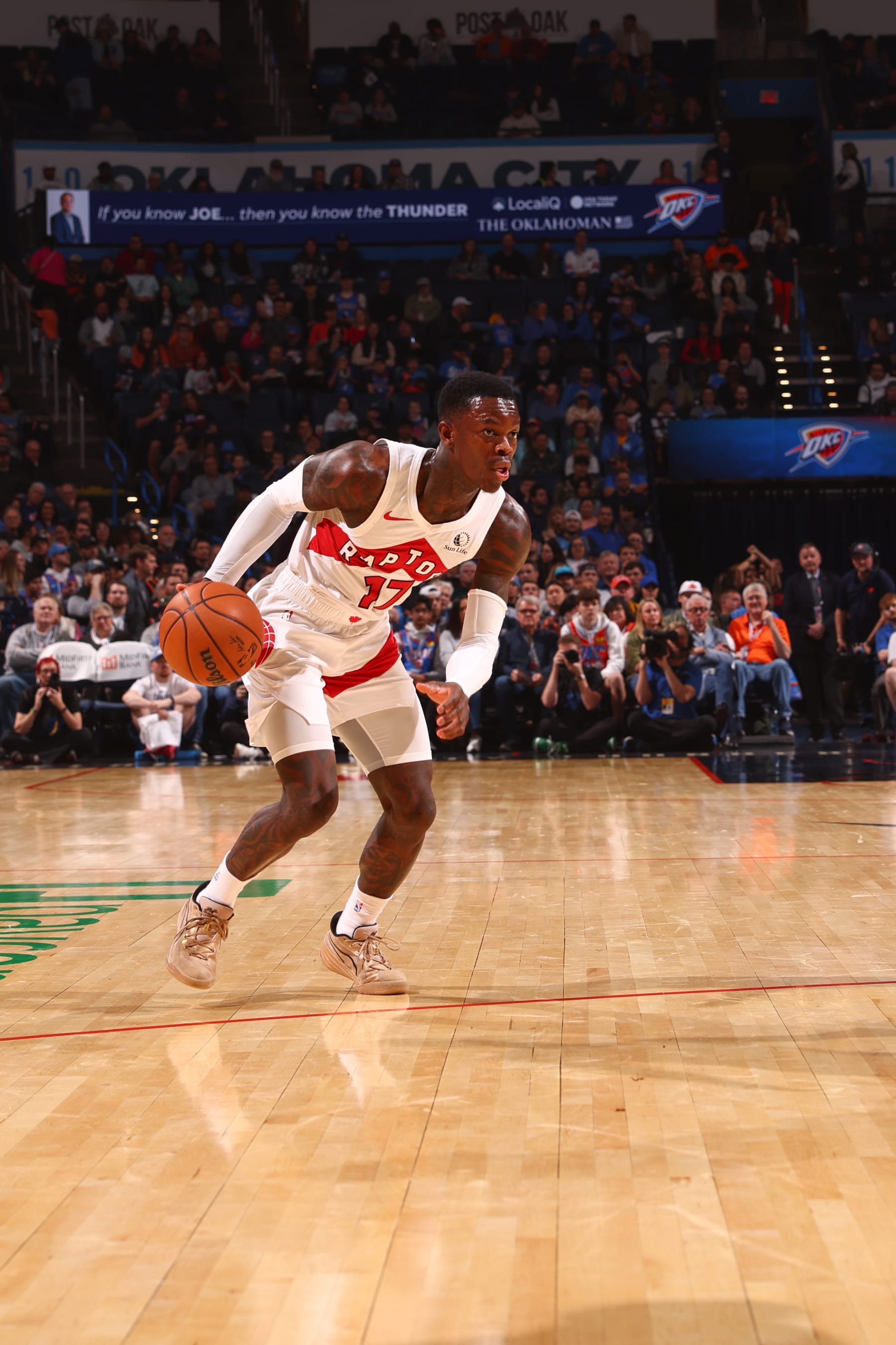 OKLAHOMA CITY, OK - FEBRUARY 4:  Dennis Schroder #17 of the Toronto Raptors goes to the basket during the game  on February 4, 2024 at Paycom Arena in Oklahoma City, Oklahoma. NOTE TO USER: User expressly acknowledges and agrees that, by downloading and or using this photograph, User is consenting to the terms and conditions of the Getty Images License Agreement. Mandatory Copyright Notice: Copyright 2024 NBAE (Photo by Zach Beeker/NBAE via Getty Images)