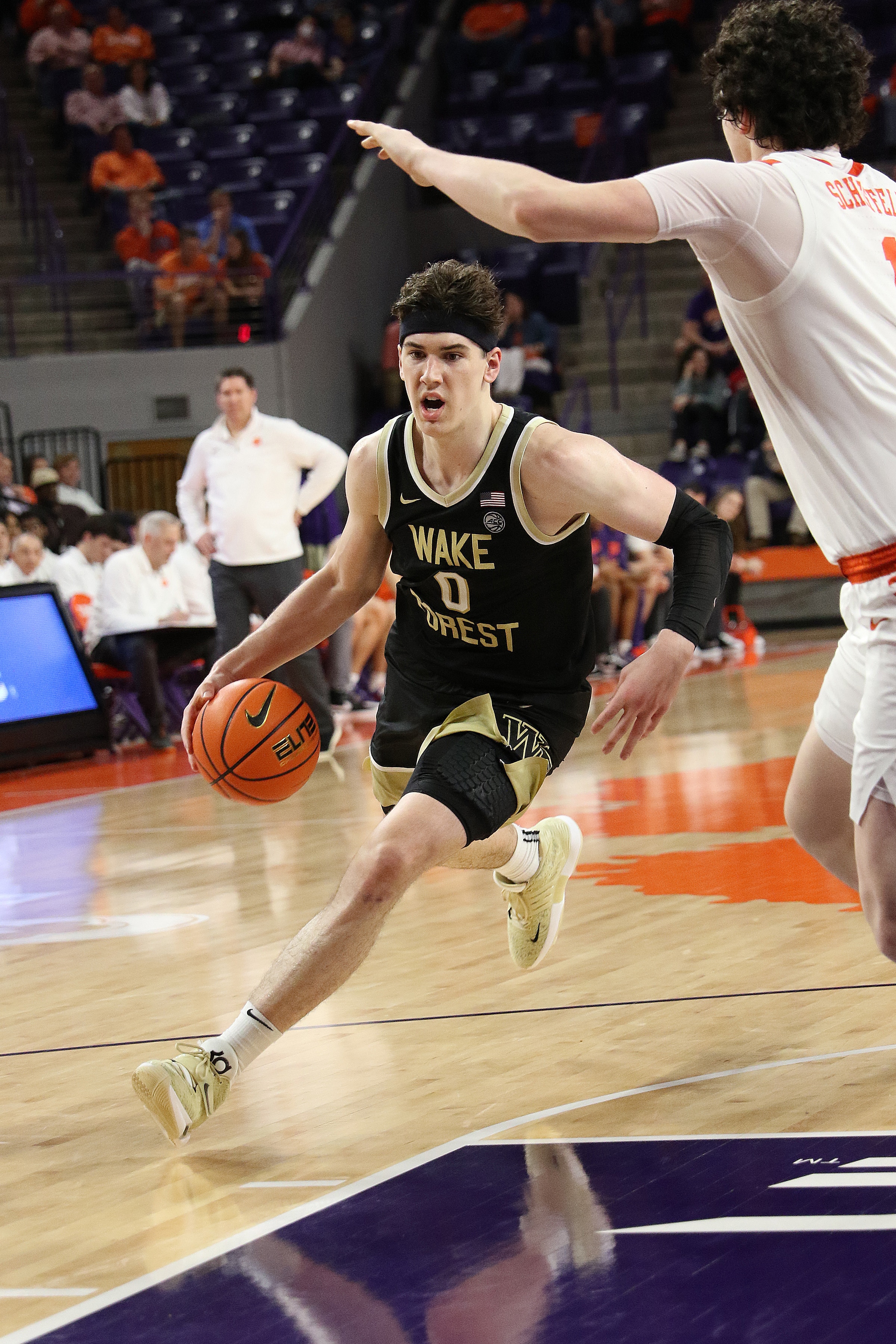 CLEMSON, SC - FEBRUARY 23: Wake Forest forward Jake LaRavia (0) during a college basketball game between the Wake Forest Demon Deacons and the Clemson Tigers on February 23, 2022, at Littlejohn Coliseum in Clemson, S.C. (Photo by John Byrum/Icon Sportswire via Getty Images)
