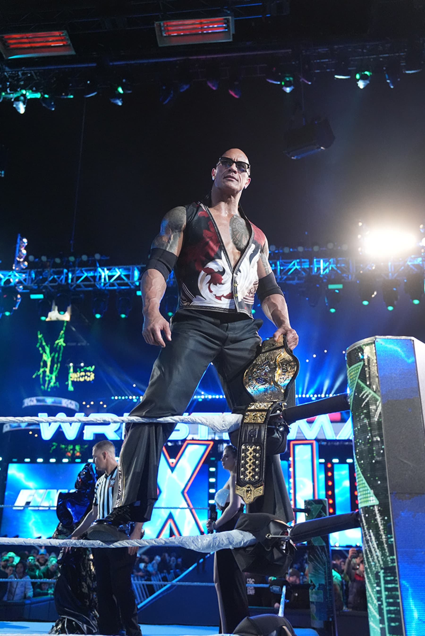 PHILADELPHIA, PENNSYLVANIA - APRIL 6: The Rock making his entrance to the ring at WrestleMania 40 at Lincoln Financial Field on April 6, 2024 in Philadelphia, Pennsylvania. (Photo by WWE/Getty Images)