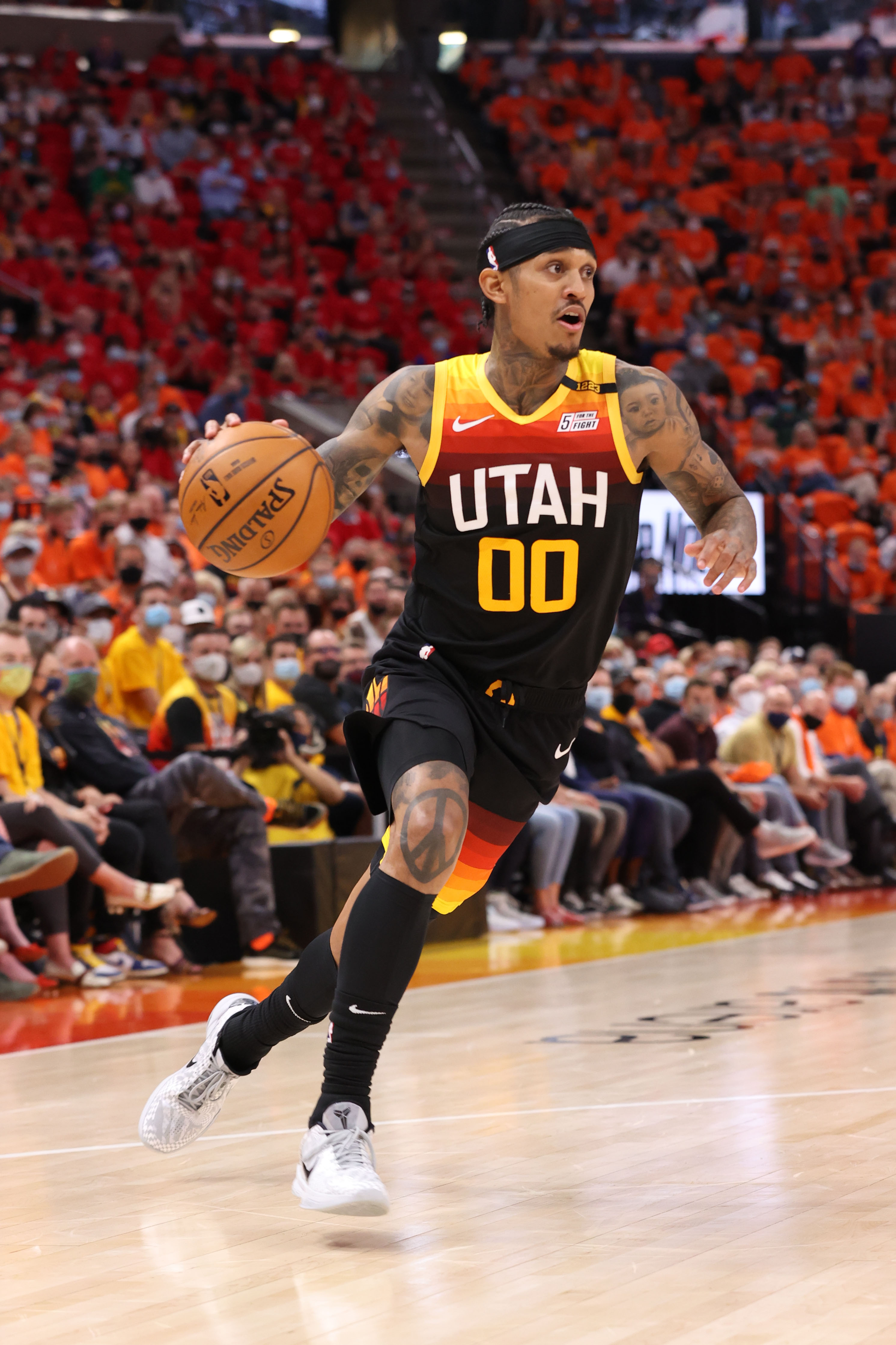 SALT LAKE CITY, UT - JUNE 2: Jordan Clarkson #00 of the Utah Jazz dribbles the ball during Round 1, Game 5 of the 2021 NBA Playoffs on June 2, 2021 at vivint.SmartHome Arena in Salt Lake City, Utah. NOTE TO USER: User expressly acknowledges and agrees that, by downloading and or using this Photograph, User is consenting to the terms and conditions of the Getty Images License Agreement. Mandatory Copyright Notice: Copyright 2021 NBAE (Photo by Joe Murphy/NBAE via Getty Images)