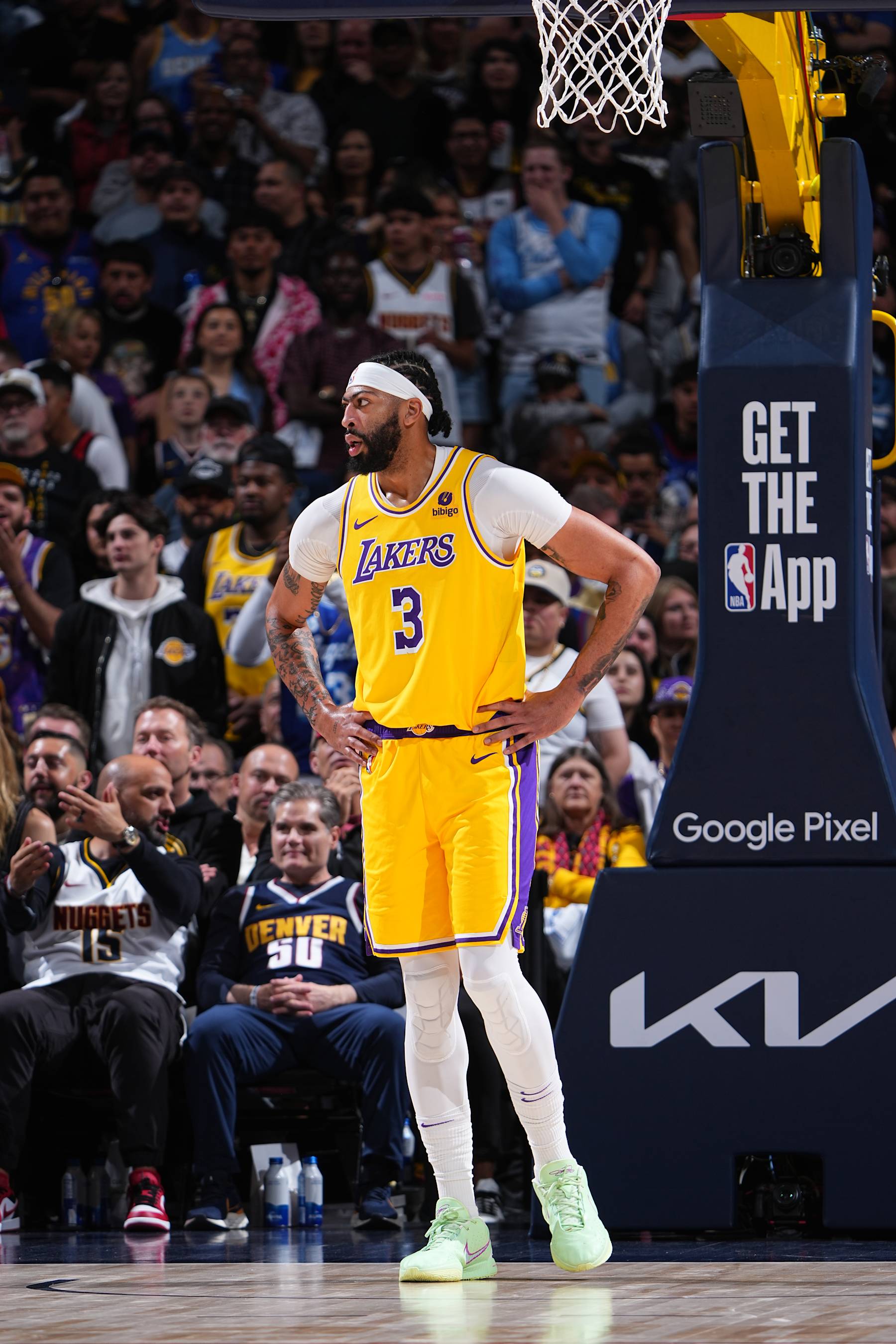 DENVER, CO - APRIL 29: Anthony Davis #3 of the Los Angeles Lakers looks on during the game against the Denver Nuggets during Round 1 Game 5 of the 2024 NBA Playoffs on April 29, 2024 at the Ball Arena in Denver, Colorado. NOTE TO USER: User expressly acknowledges and agrees that, by downloading and/or using this Photograph, user is consenting to the terms and conditions of the Getty Images License Agreement. Mandatory Copyright Notice: Copyright 2024 NBAE (Photo by Garrett Ellwood/NBAE via Getty Images)