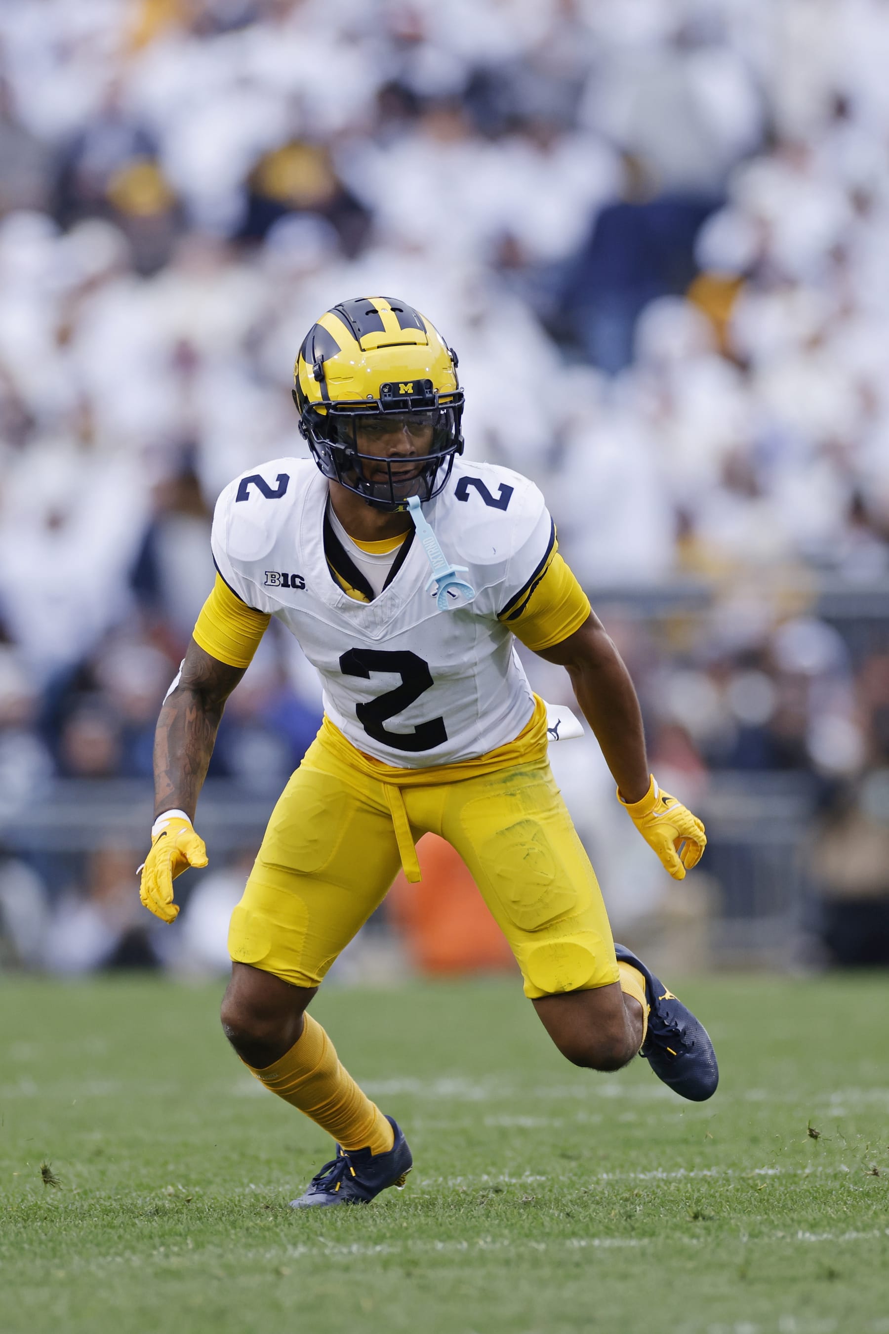 UNIVERSITY PARK, PA - NOVEMBER 11: Michigan Wolverines defensive back Will Johnson (2) drops into coverage on defense during a college football game against the Penn State Nittany Lions on November 11, 2023 at Beaver Stadium in University Park, Pennsylvania. (Photo by Joe Robbins/Icon Sportswire via Getty Images)