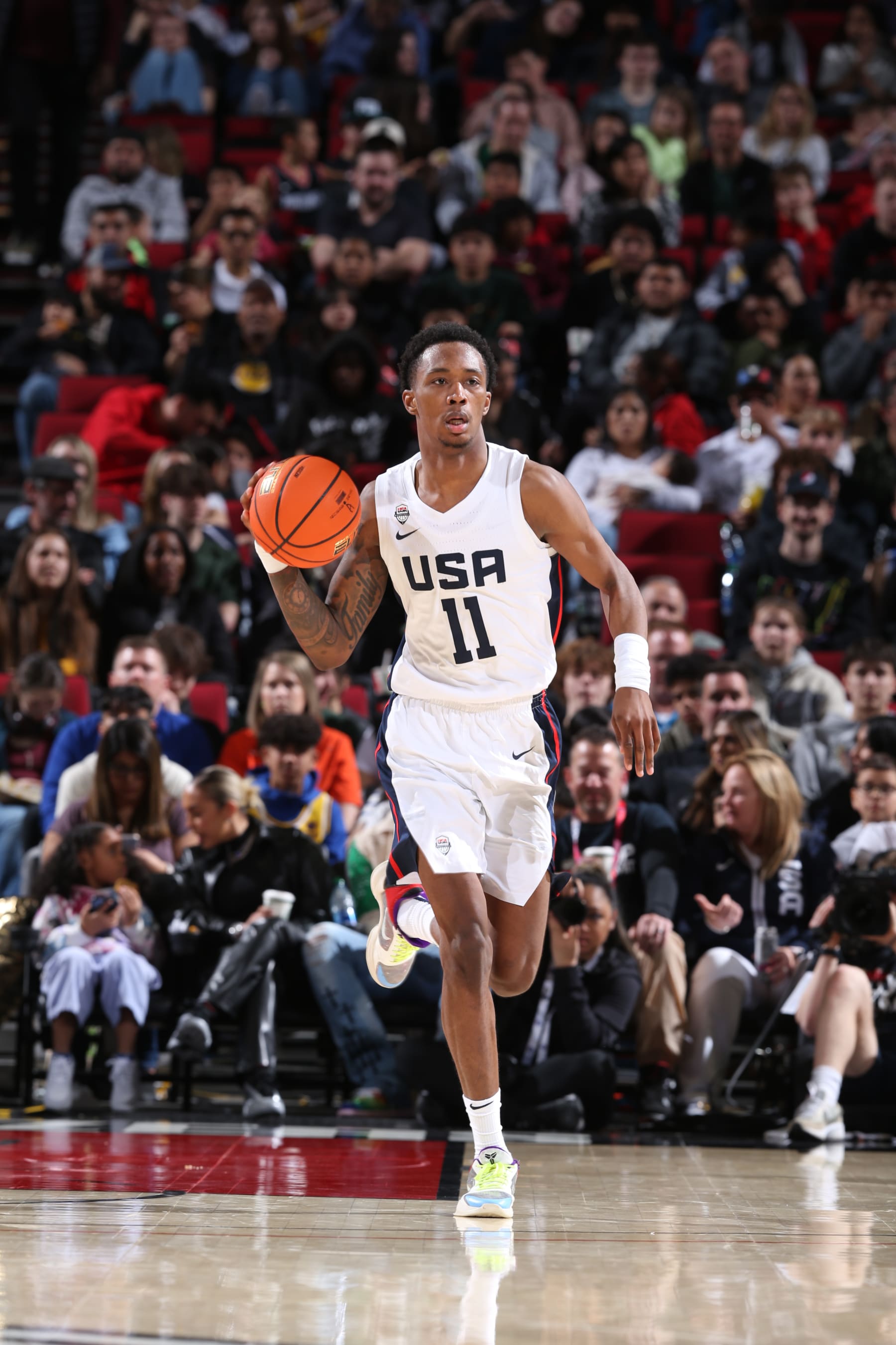 PORTLAND, OR - APRIL 8: Ron Holland #11 of Team USA dribbles the ball during the 2023 Nike Hoop Summit on April 8, 2023 at the Moda Center Arena in Portland, Oregon. NOTE TO USER: User expressly acknowledges and agrees that, by downloading and or using this photograph, user is consenting to the terms and conditions of the Getty Images License Agreement. Mandatory Copyright Notice: Copyright 2023 NBAE (Photo by Sam Forencich/NBAE via Getty Images)