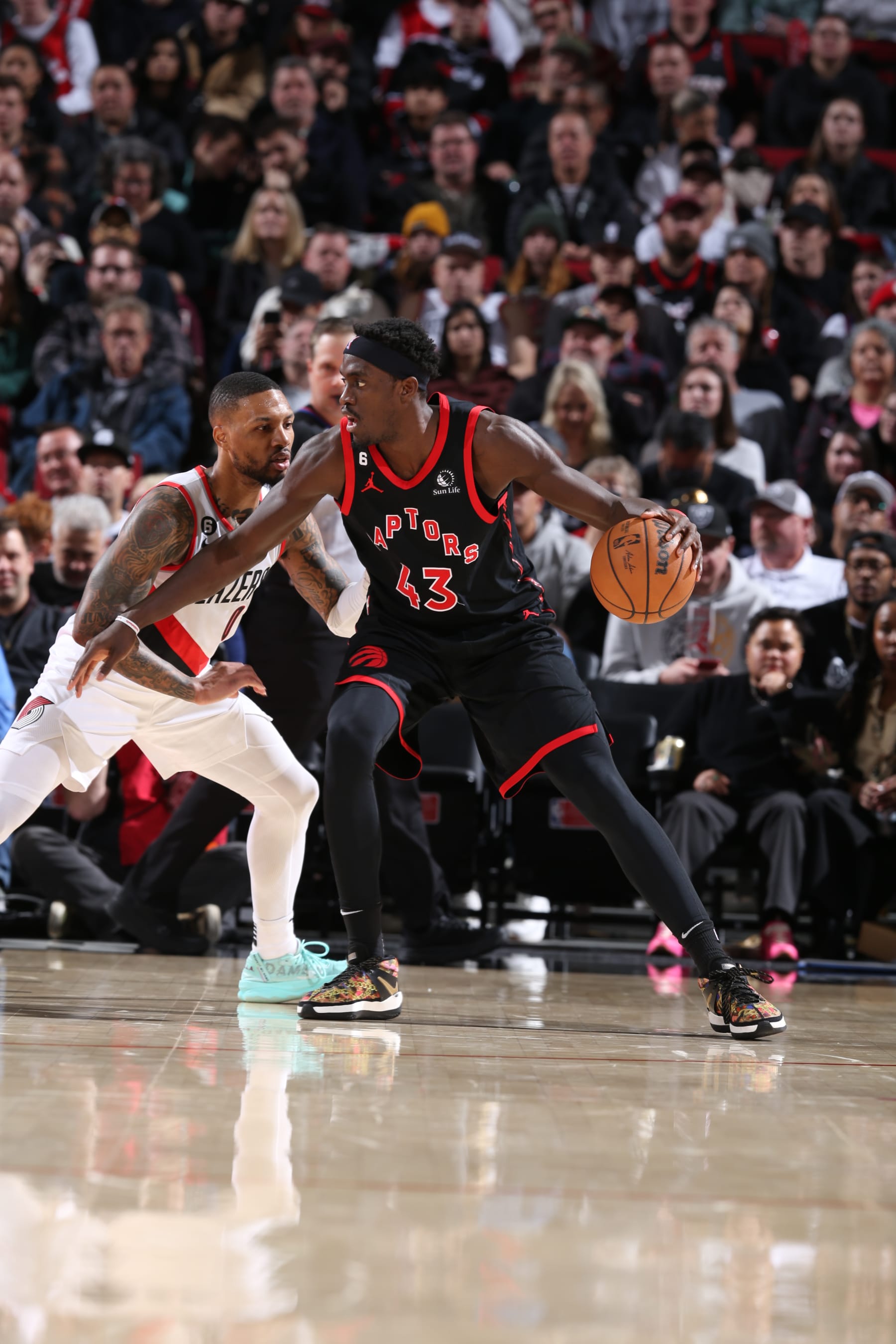 PORTLAND, OR - JANUARY 28:  Pascal Siakam #43 of the Toronto Raptors handles the ball during the game  on January 28, 2023 at the Moda Center Arena in Portland, Oregon. NOTE TO USER: User expressly acknowledges and agrees that, by downloading and or using this photograph, user is consenting to the terms and conditions of the Getty Images License Agreement. Mandatory Copyright Notice: Copyright 2023 NBAE (Photo by Sam Forencich/NBAE via Getty Images)
