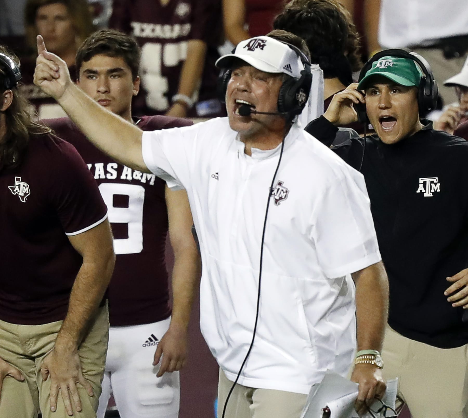 COLLEGE STATION, TEXAS - OCTOBER 09: Head coach Jimbo Fisher of the Texas A&M Aggies  against the Alabama Crimson Tide at Kyle Field on October 09, 2021 in College Station, Texas. (Photo by Bob Levey/Getty Images)