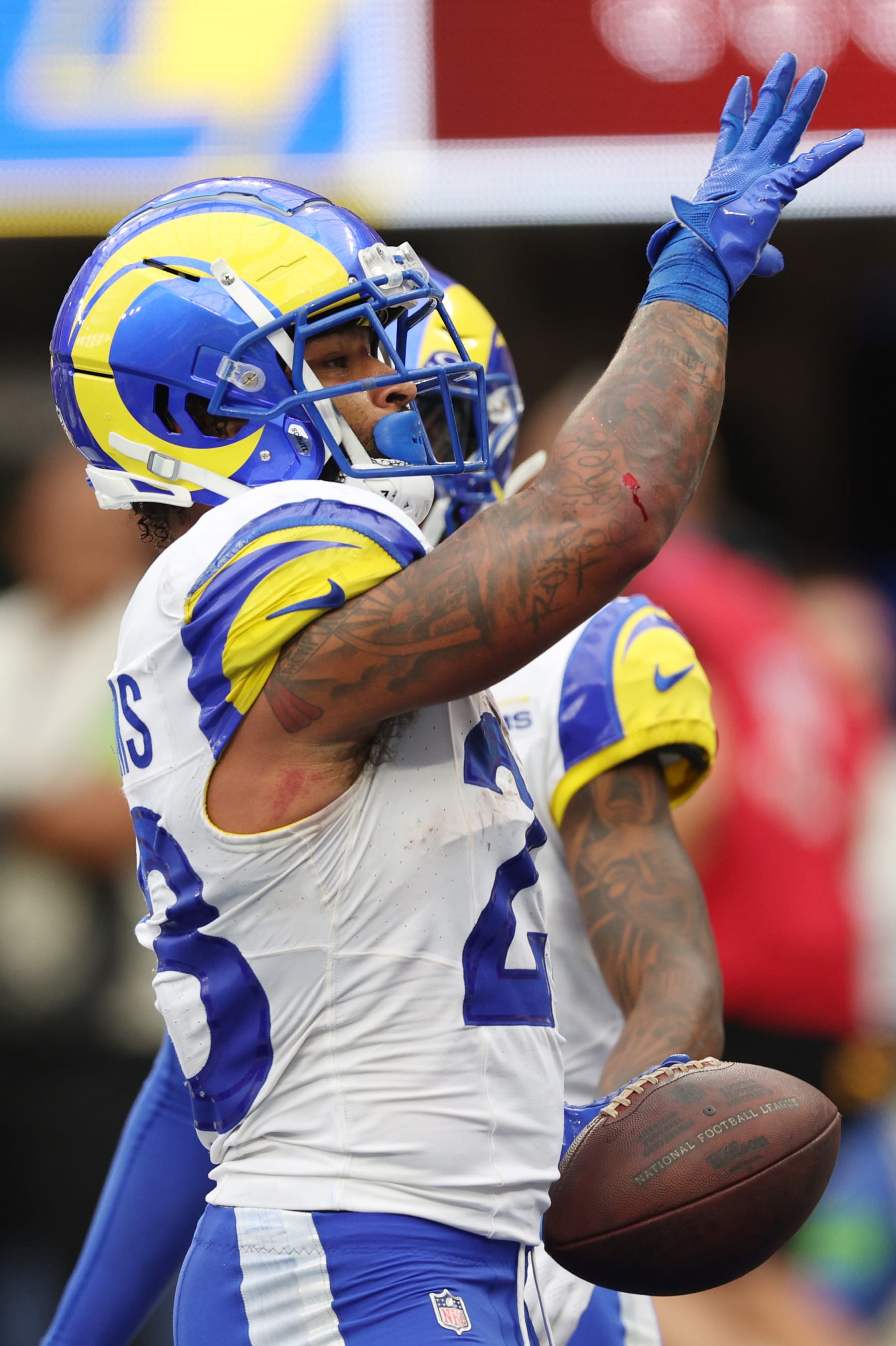 INGLEWOOD, CALIFORNIA - SEPTEMBER 17: Kyren Williams #23 of the Los Angeles Rams celebrates a touchdown during the second quarter against the San Francisco 49ers at SoFi Stadium on September 17, 2023 in Inglewood, California. (Photo by Harry How/Getty Images)