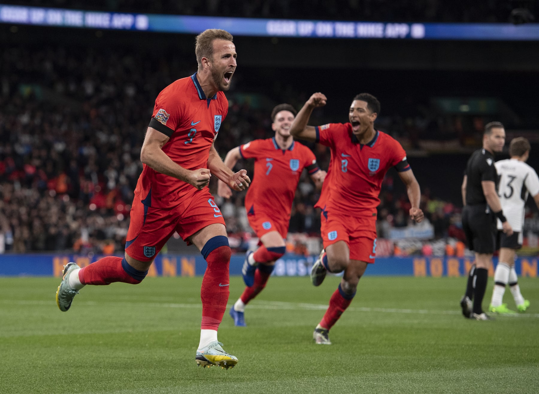 LONDON, ENGLAND - SEPTEMBER 26:  Harry Kane celebrates scoring England's third goal during the UEFA Nations League League A Group 3 match between England and Germany at Wembley Stadium on September 26, 2022 in London, England. (Photo by Visionhaus/Getty Images)