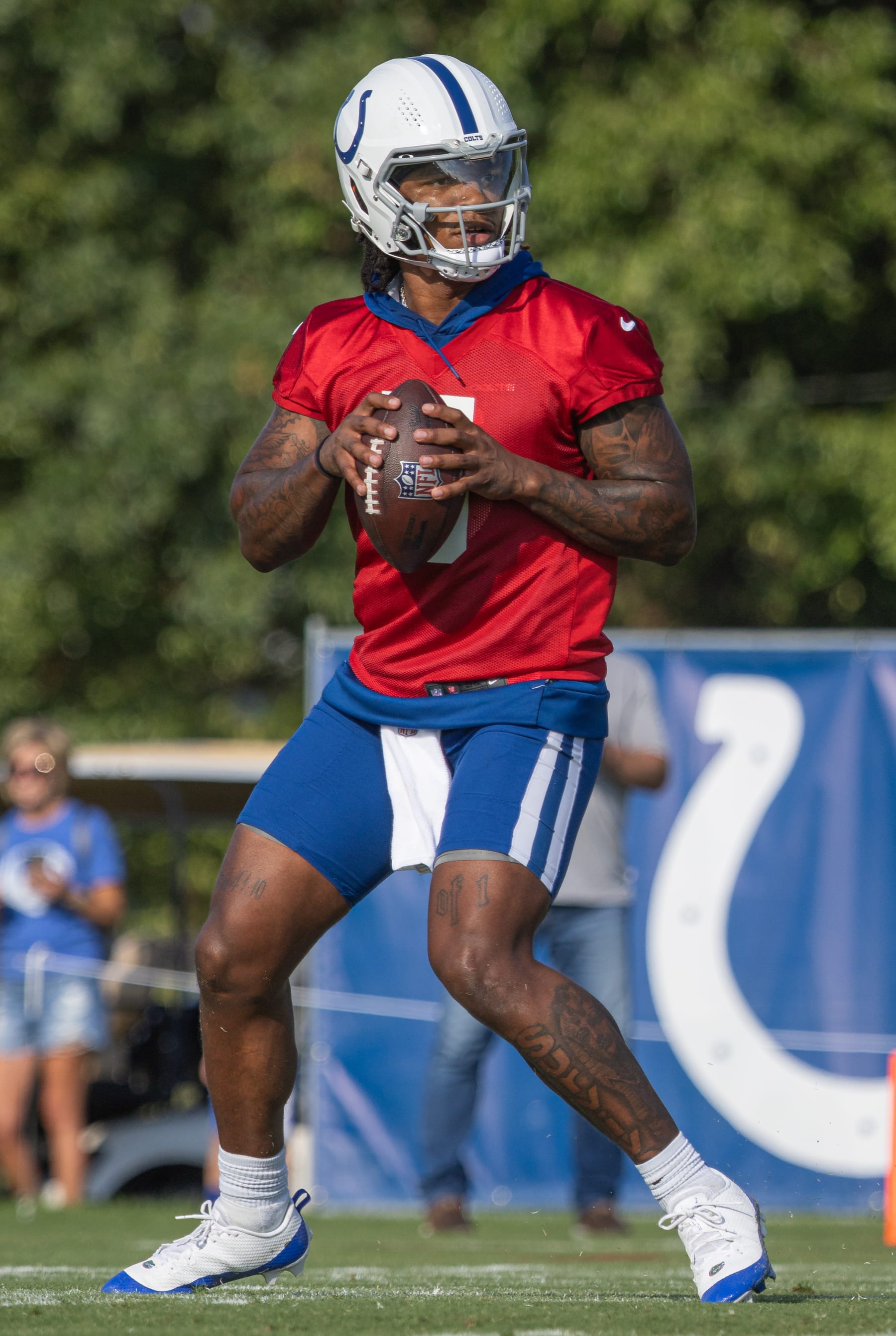 WESTFIELD, INDIANA - JULY 29: Anthony Richardson #5 of the Indianapolis Colts participates in training camp at Grand Park Sports Campus on July 29, 2023 in Westfield, Indiana. (Photo by Michael Hickey/Getty Images)