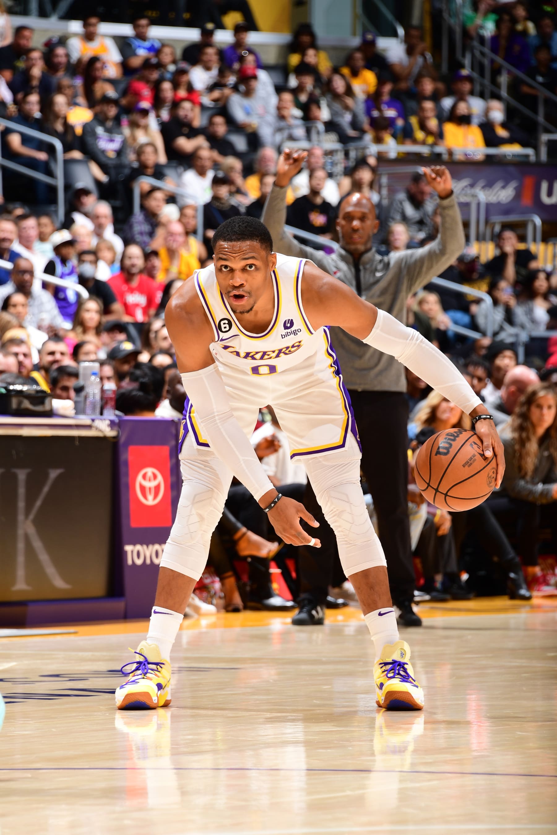LOS ANGELES, CA - OCTOBER 23: Russell Westbrook #0 of the Los Angeles Lakers dribbles the ball during the game against the Portland Trail Blazers on October 23, 2022 at Crypto.Com Arena in Los Angeles, California. NOTE TO USER: User expressly acknowledges and agrees that, by downloading and/or using this Photograph, user is consenting to the terms and conditions of the Getty Images License Agreement. Mandatory Copyright Notice: Copyright 2022 NBAE (Photo by Adam Pantozzi/NBAE via Getty Images)