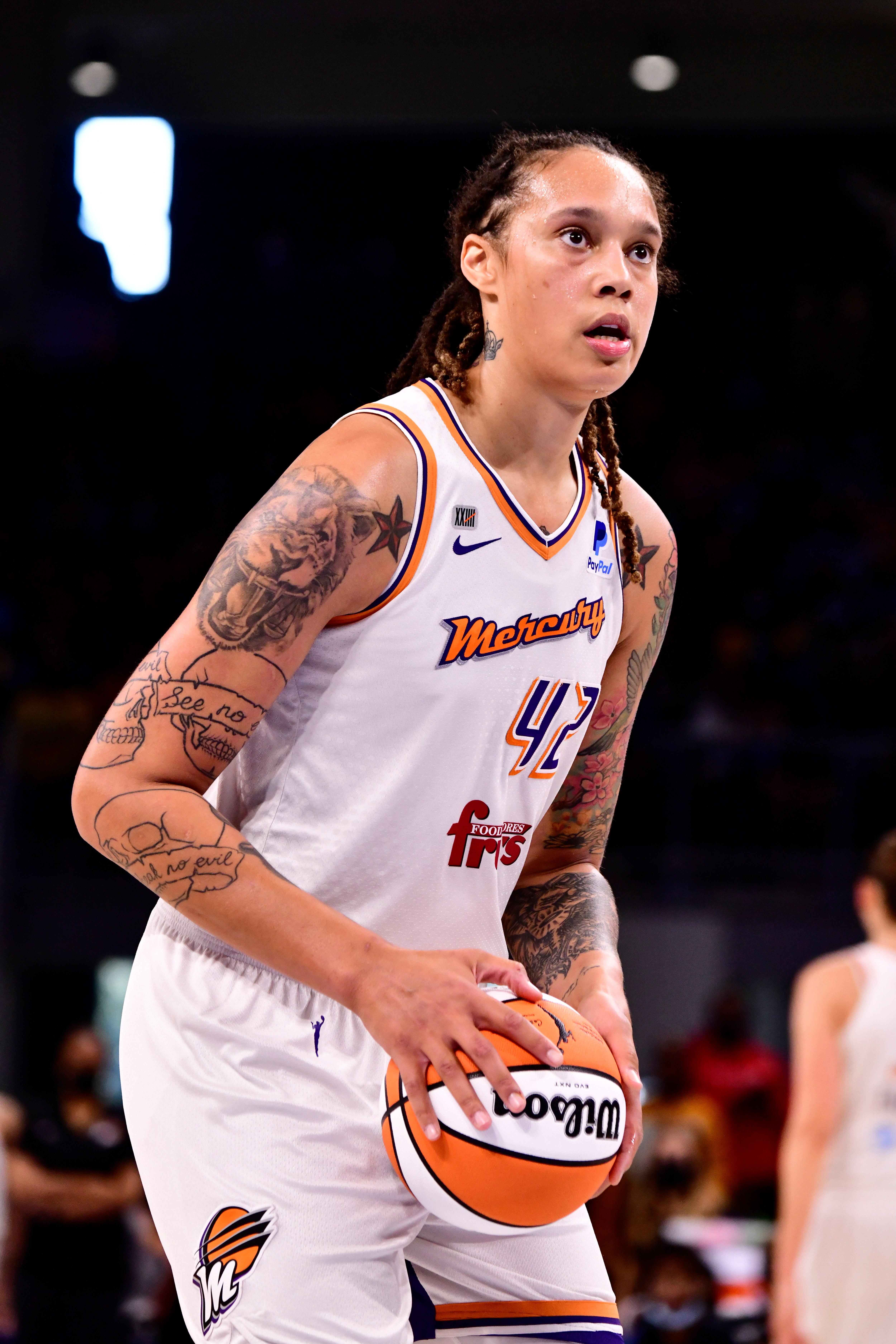 CHICAGO, IL - OCTOBER 17: Brittney Griner #42 of the Phoenix Mercury shoots a free throw against the Chicago Sky during Game Four of the 2021 WNBA Finals on October 17, 2021 at the Wintrust Arena in Chicago, Illinois. NOTE TO USER: User expressly acknowledges and agrees that, by downloading and or using this photograph, user is consenting to the terms and conditions of the Getty Images License Agreement.  Mandatory Copyright Notice: Copyright 2021 NBAE (Photo by Barry Gossage/NBAE via Getty Images)