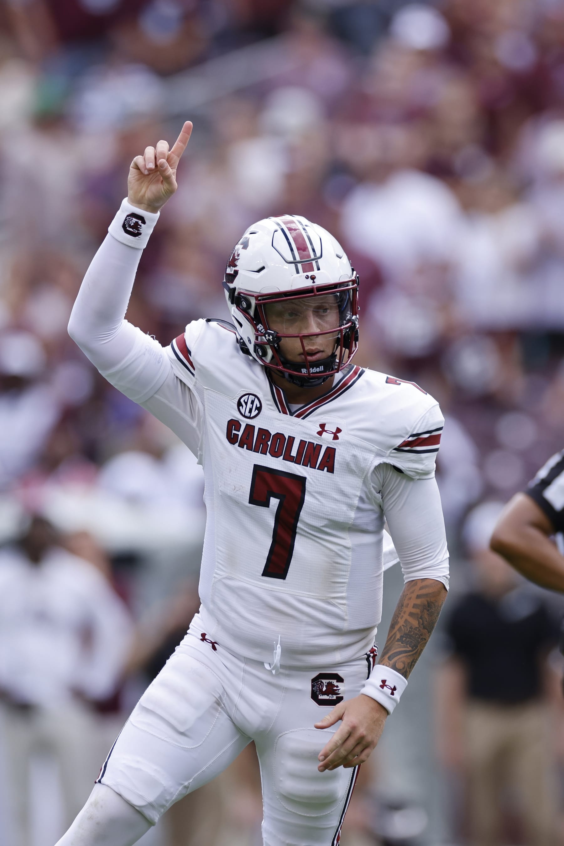 COLLEGE STATION, TX - OCTOBER 28: South Carolina Gamecocks quarterback Spencer Rattler (7) reacts after a touchdown pass during a college football game against the Texas A&M Aggies on October 28, 2023 at Kyle Field in College Station, Texas. (Photo by Joe Robbins/Icon Sportswire via Getty Images)