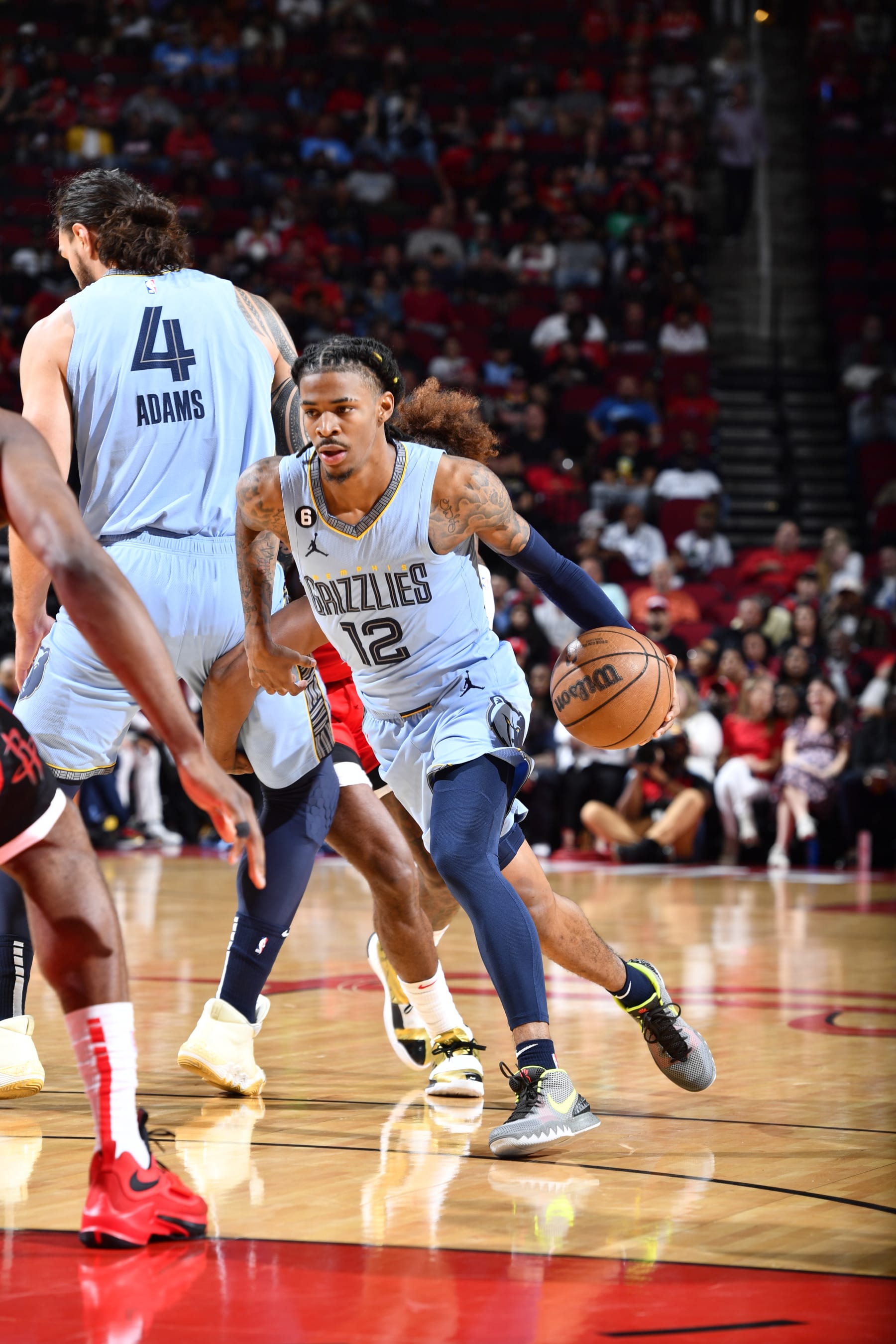 HOUSTON, TX - OCTOBER 21: Ja Morant #12 of the Memphis Grizzlies drives to the basket during the game against the Houston Rockets  on October 21, 2022 at the Toyota Center in Houston, Texas. NOTE TO USER: User expressly acknowledges and agrees that, by downloading and or using this photograph, User is consenting to the terms and conditions of the Getty Images License Agreement. Mandatory Copyright Notice: Copyright 2022 NBAE (Photo by Logan Riely/NBAE via Getty Images)