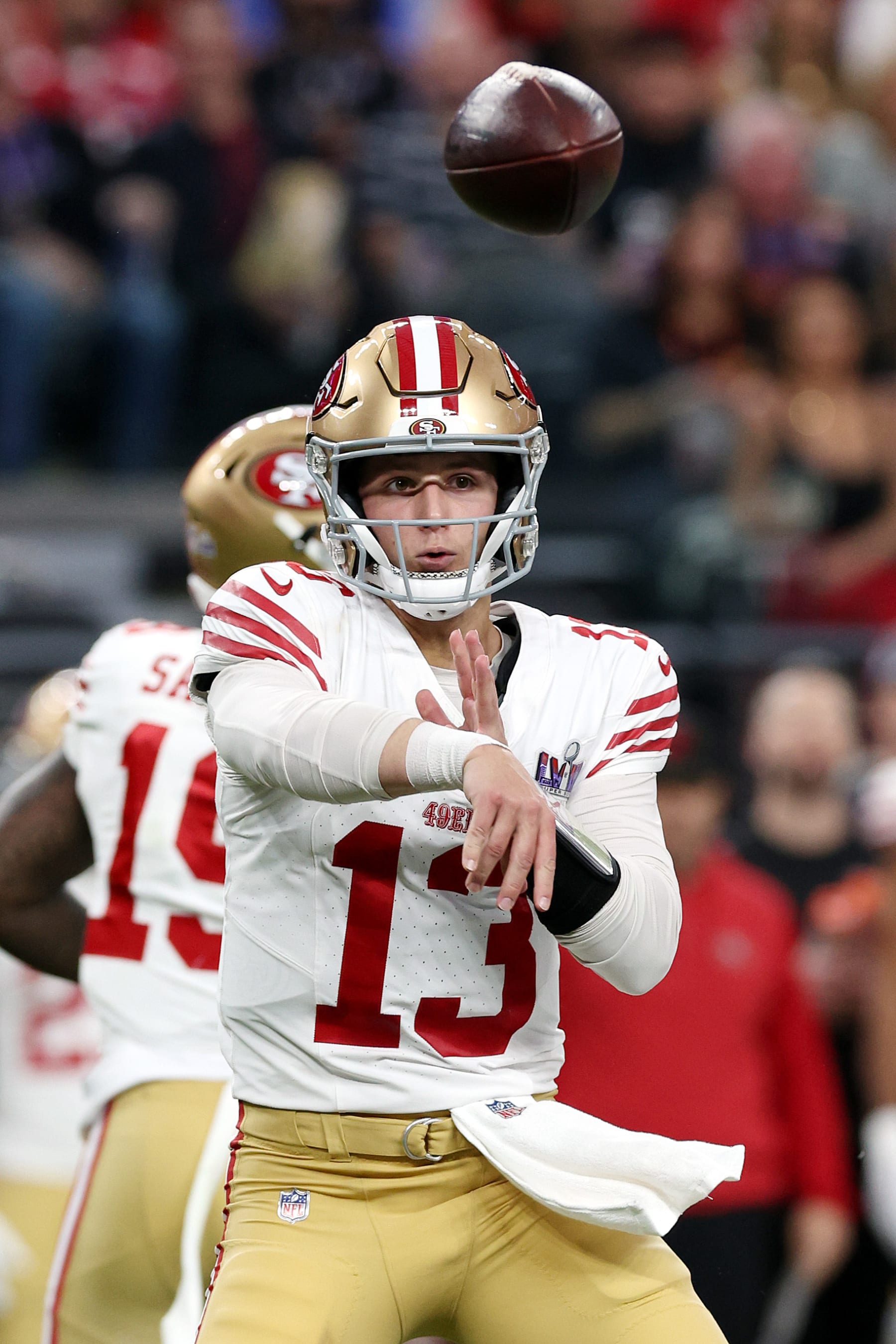 LAS VEGAS, NEVADA - FEBRUARY 11: Brock Purdy #13 of the San Francisco 49ers throws the ball in the first half against the Kansas City Chiefs during Super Bowl LVIII at Allegiant Stadium on February 11, 2024 in Las Vegas, Nevada. (Photo by Jamie Squire/Getty Images)