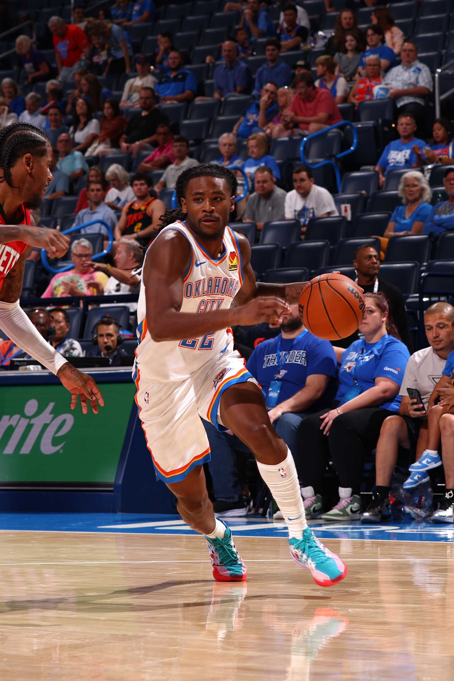 OKLAHOMA CITY, OK - OCTOBER 9: Cason Wallace #22 of the Oklahoma City Thunder dribbles the ball during the game against the Houston Rockets during a NBA pre season game on October 9, 2024 at Paycom Center in Oklahoma City, Oklahoma. NOTE TO USER: User expressly acknowledges and agrees that, by downloading and or using this photograph, User is consenting to the terms and conditions of the Getty Images License Agreement. Mandatory Copyright Notice: Copyright 2024 NBAE (Photo by Zach Beeker/NBAE via Getty Images)
