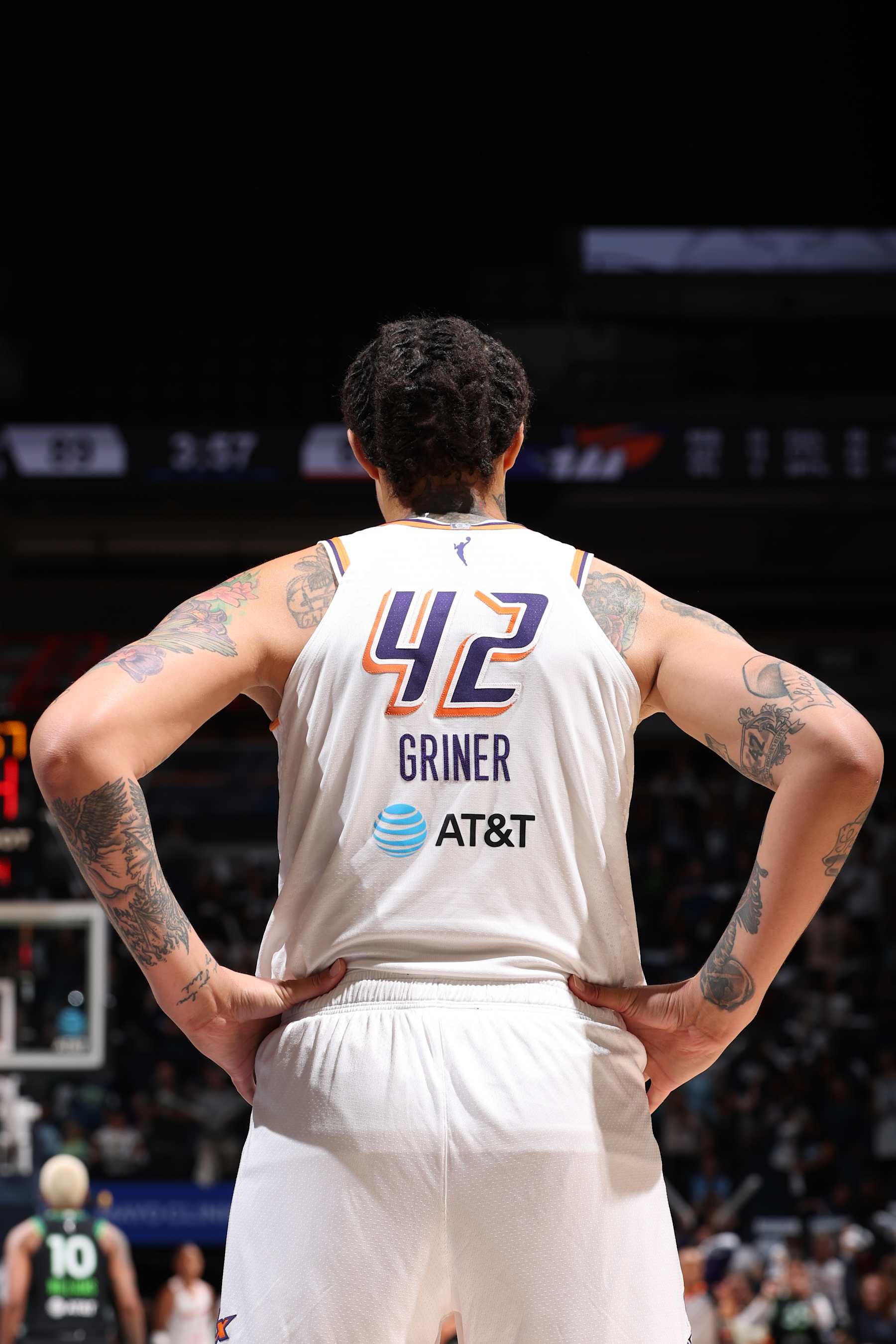 MINNEAPOLIS, MN - SEPTEMBER 22: Brittney Griner #42 of the Phoenix Mercury looks on during the game against the Minnesota Lynx during round one game one of the 2024 WNBA Playoffs on September 22, 2024 at Target Center in Minneapolis, Minnesota. NOTE TO USER: User expressly acknowledges and agrees that, by downloading and or using this Photograph, user is consenting to the terms and conditions of the Getty Images License Agreement. Mandatory Copyright Notice: Copyright 2024 NBAE (Photo by David Sherman/NBAE via Getty Images)