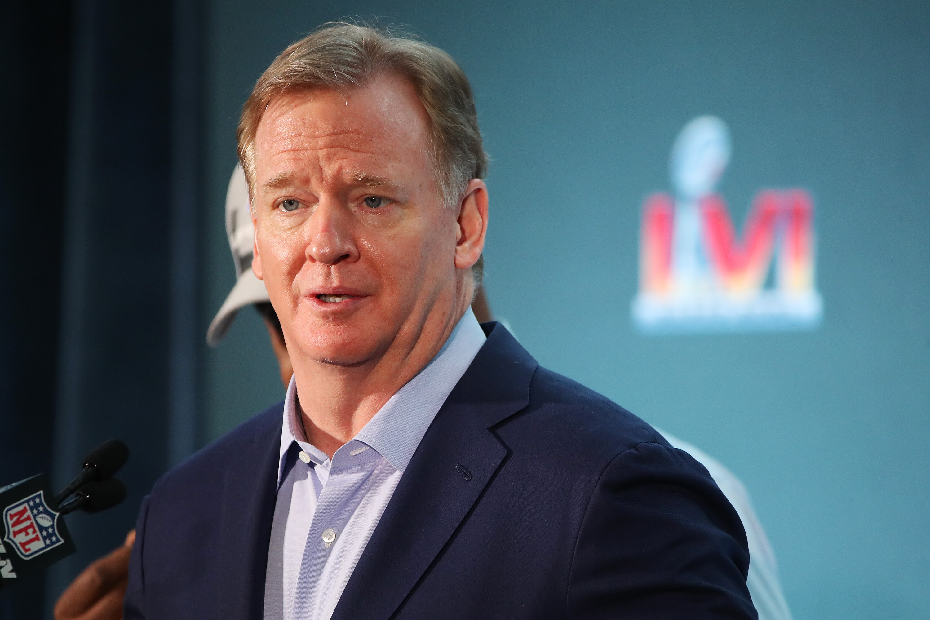 LOS ANGELES, CALIFORNIA - FEBRUARY 14: NFL Commissioner Roger Goodell speaks to the media during the Super Bowl LVI head coach and MVP press conference at Los Angeles Convention Center on February 14, 2022 in Los Angeles, California. (Photo by Katelyn Mulcahy/Getty Images)