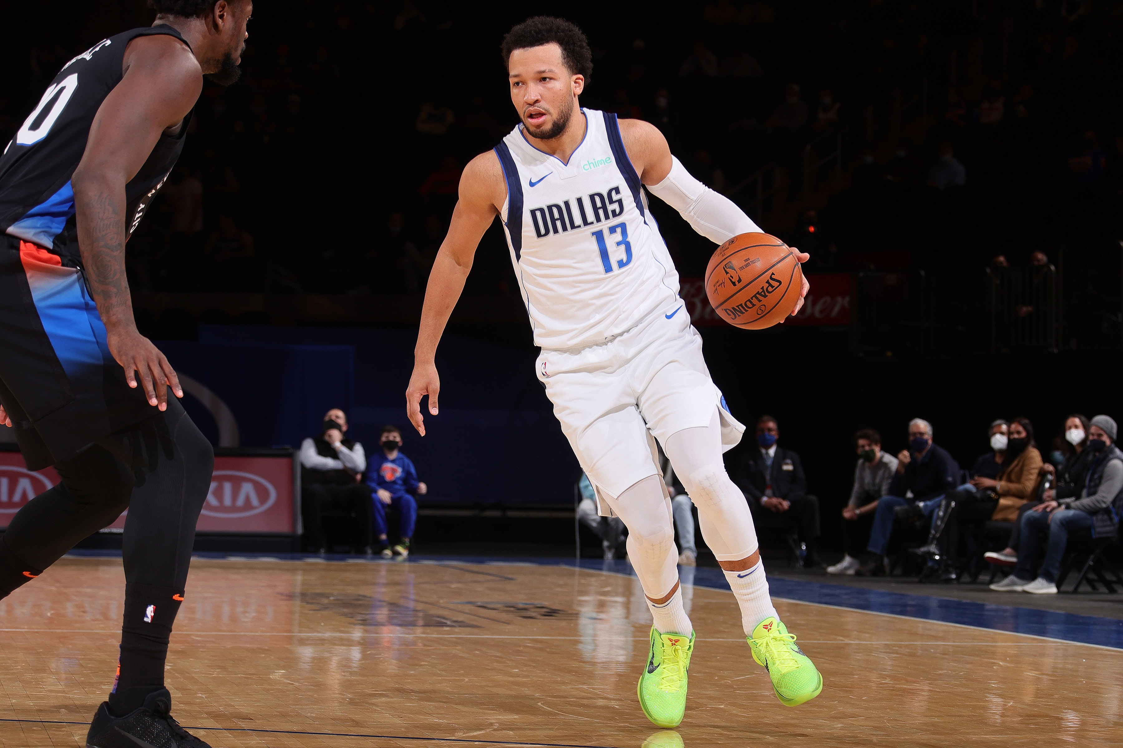 NEW YORK, NY - APRIL 2: Jalen Brunson #13 of the Dallas Mavericks dribbles the ball against the New York Knicks on April 2, 2021 at Madison Square Garden in New York City, New York.  NOTE TO USER: User expressly acknowledges and agrees that, by downloading and or using this photograph, User is consenting to the terms and conditions of the Getty Images License Agreement. Mandatory Copyright Notice: Copyright 2021 NBAE  (Photo by Nathaniel S. Butler/NBAE via Getty Images)