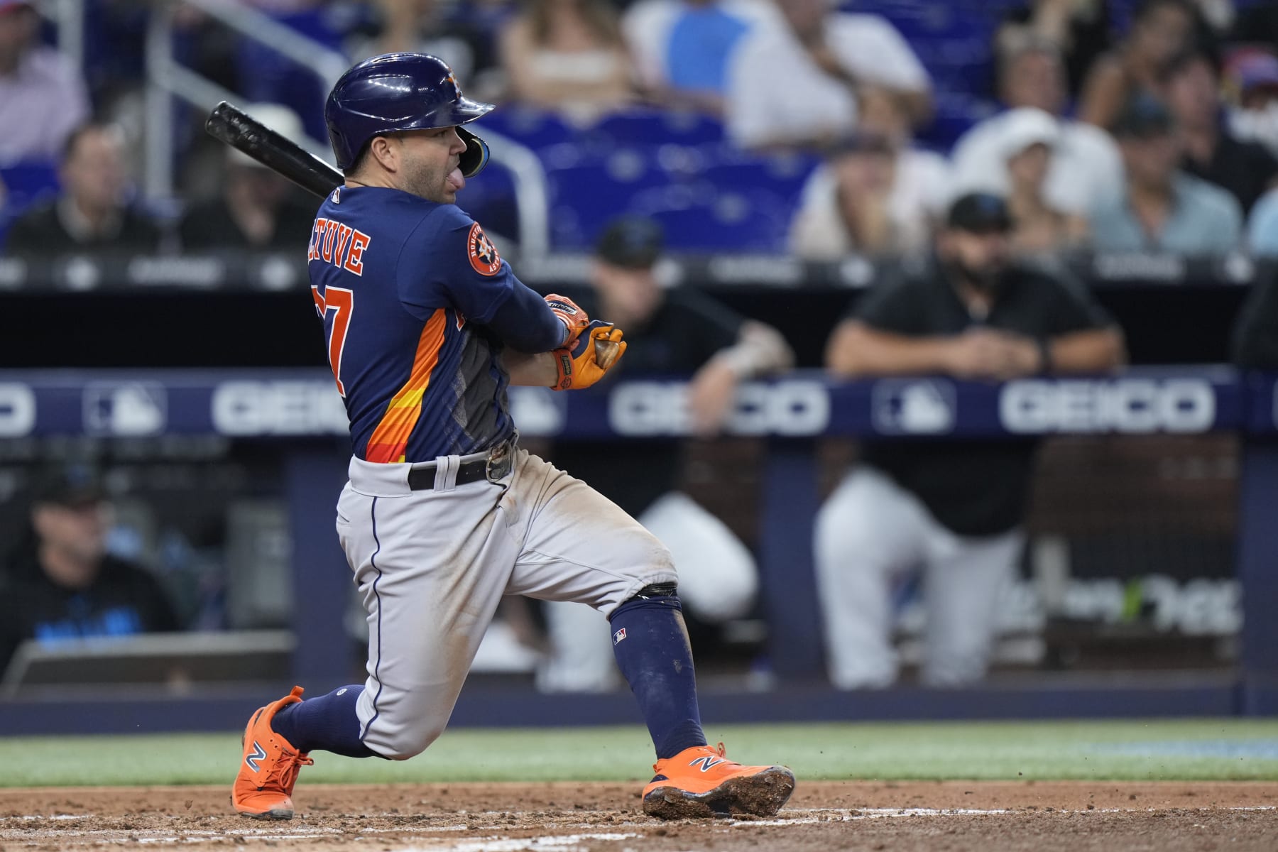 Houston Astros' Jose Altuve bats during the third inning of a baseball game against the Miami Marlins, Monday, Aug. 14, 2023, in Miami. (AP Photo/Wilfredo Lee)