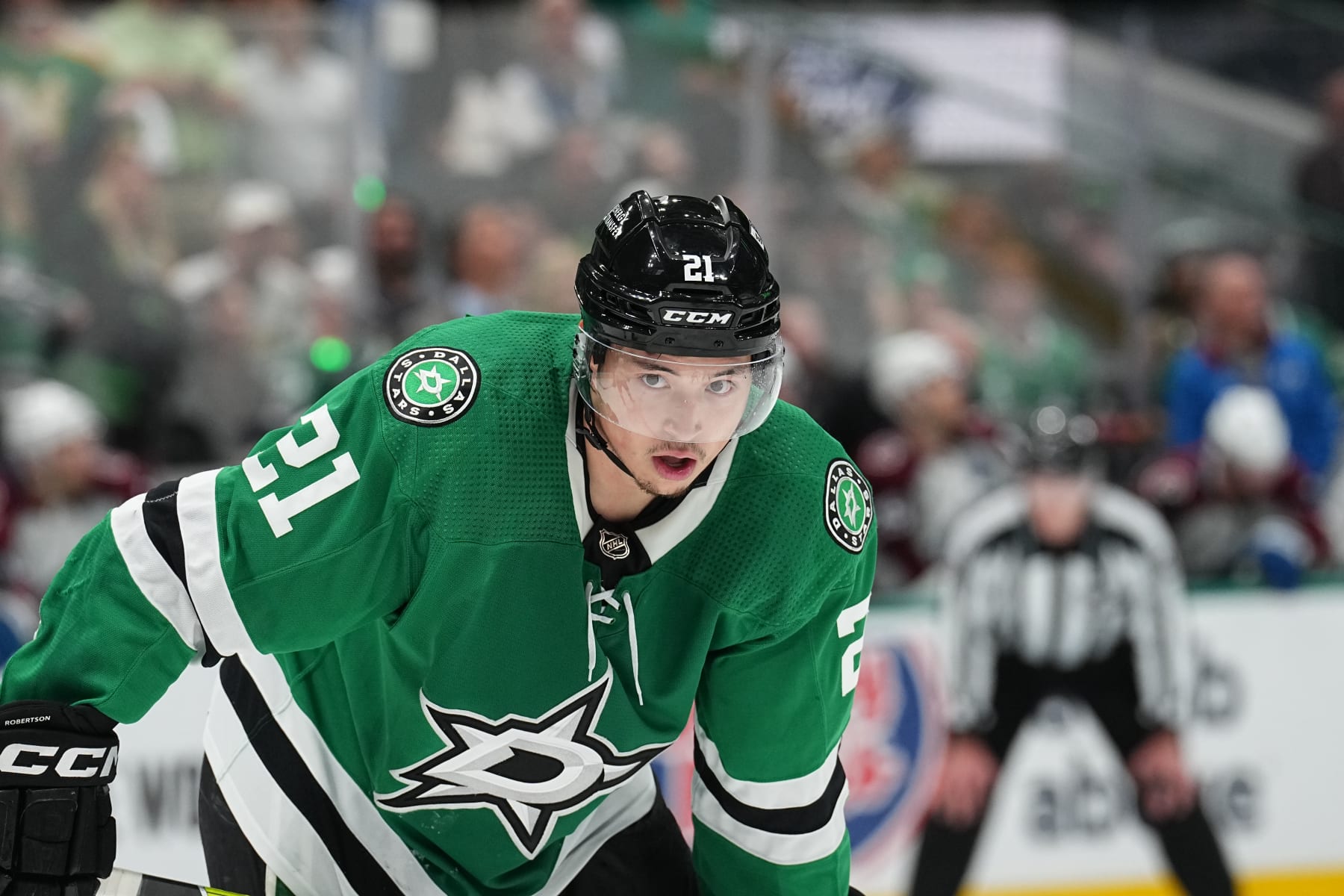 DALLAS, TX - MAY 7: Jason Robertson #21 of the Dallas Stars skates against the Colorado Avalanche at the American Airlines Center on May 7, 2024 in Dallas, Texas. (Photo by Glenn James/NHLI via Getty Images)