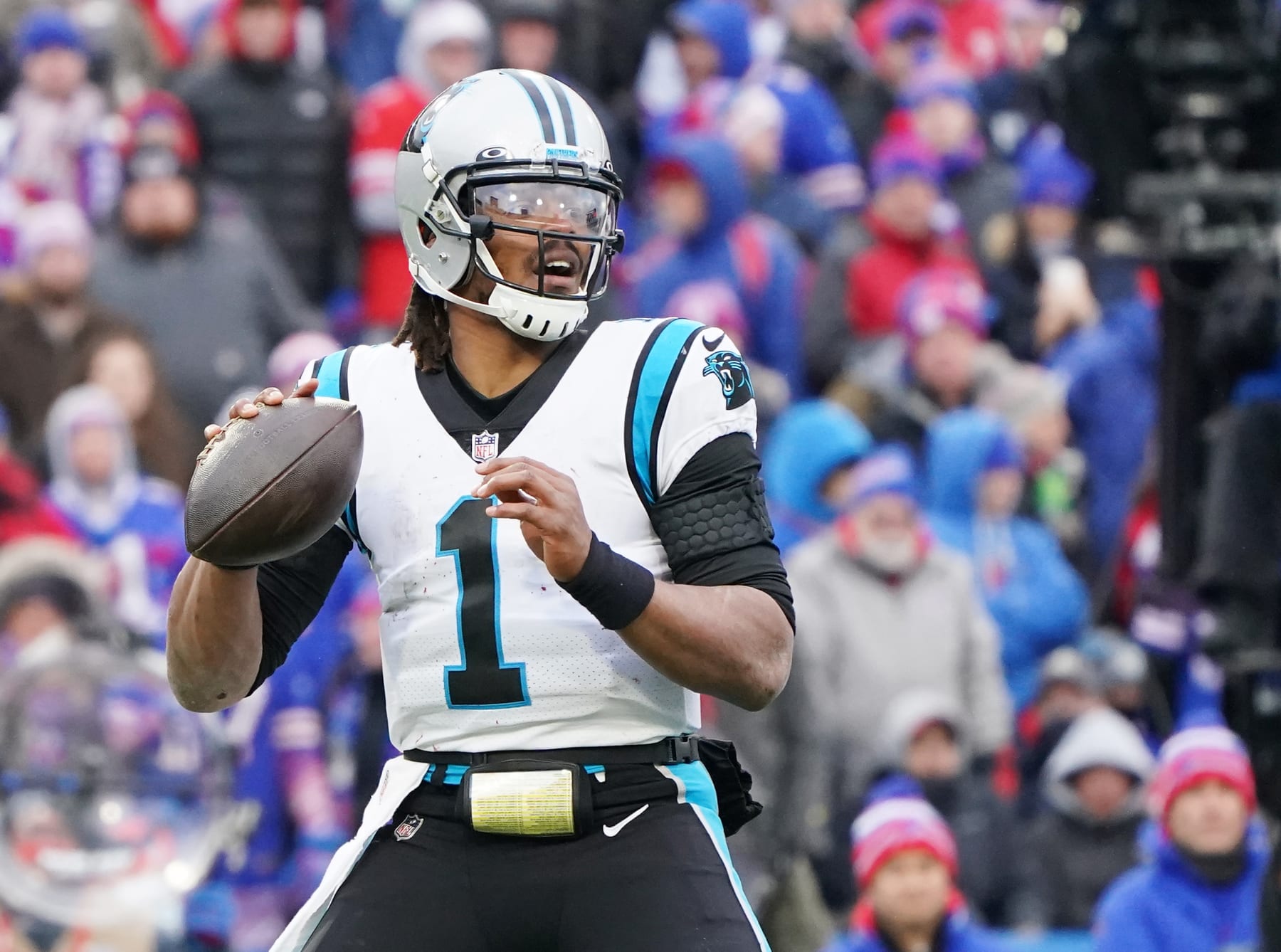 ORCHARD PARK, NEW YORK - DECEMBER 19: Cam Newton #1 of the Carolina Panthers during the game against the Buffalo Bills at Highmark Stadium on December 19, 2021 in Orchard Park, New York. (Photo by Kevin Hoffman/Getty Images)