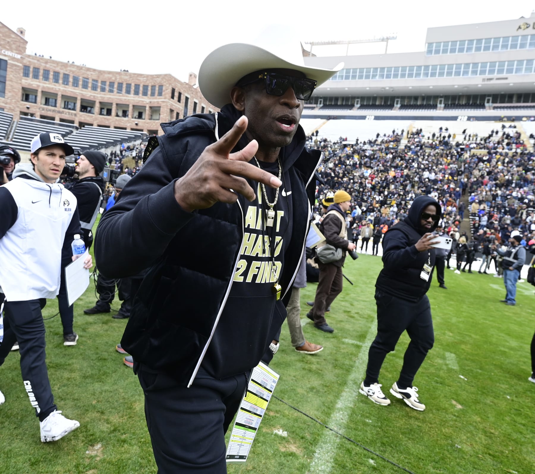 BOULDER, CO - APRIL 22: University of Colorado Buffaloes head coach Deion Sanders takes the field for warmups before the Black and Gold game at Folsom Field April 22, 2023. (Photo by Andy Cross/MediaNews Group/The Denver Post via Getty Images)