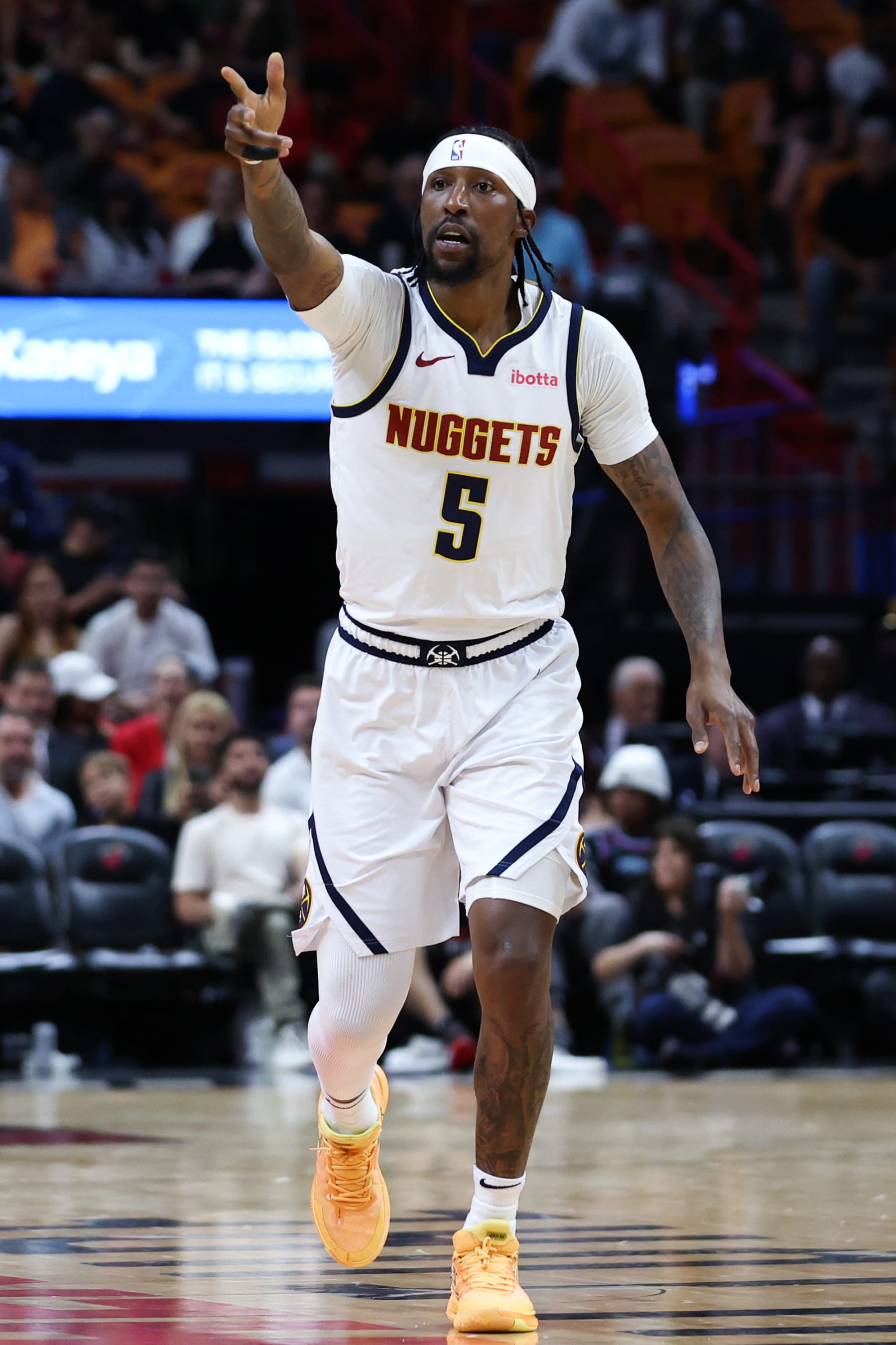 MIAMI, FLORIDA - MARCH 13: Kentavious Caldwell-Pope #5 of the Denver Nuggets reacts during the third quarter of the game against the Miami Heat at Kaseya Center on March 13, 2024 in Miami, Florida. NOTE TO USER: User expressly acknowledges and agrees that, by downloading and or using this photograph, User is consenting to the terms and conditions of the Getty Images License Agreement. (Photo by Megan Briggs/Getty Images)
