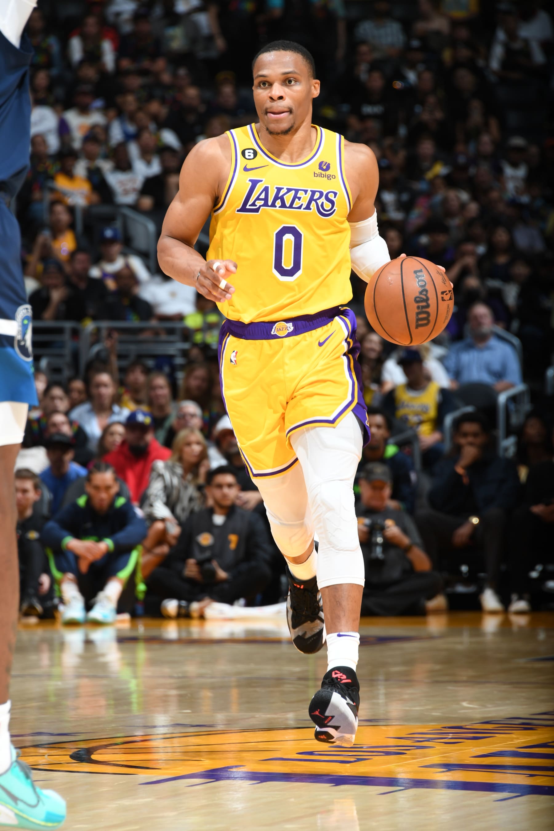 LOS ANGELES, CA - OCTOBER 12: Russell Westbrook #0 of the Los Angeles Lakers dribbles the ball during the game against the Minnesota Timberwolves on October 12, 2022 at Crypto.com Arena in Los Angeles, California. NOTE TO USER: User expressly acknowledges and agrees that, by downloading and/or using this Photograph, user is consenting to the terms and conditions of the Getty Images License Agreement. Mandatory Copyright Notice: Copyright 2022 NBAE (Photo by Andrew D. Bernstein/NBAE via Getty Images)