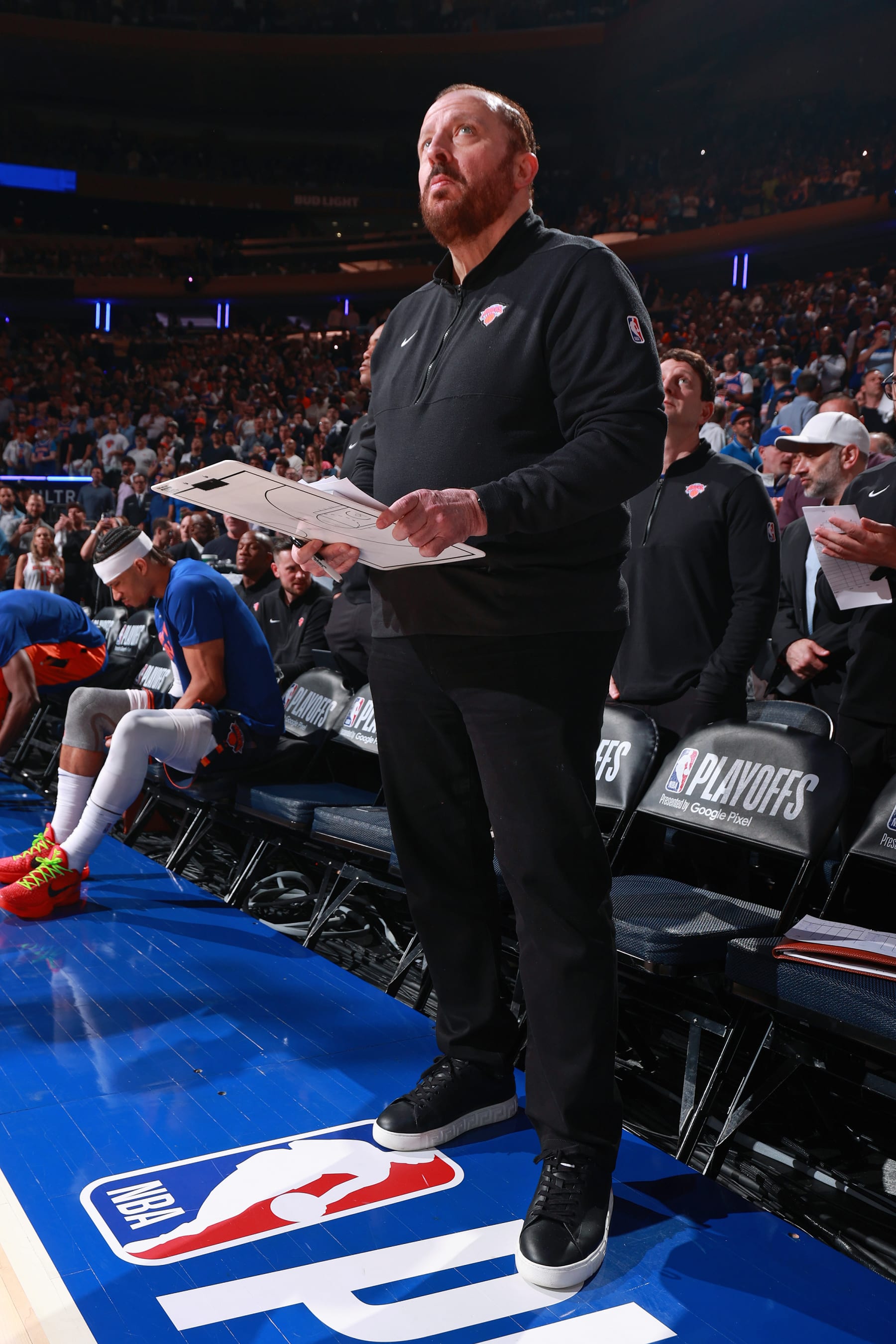 NEW YORK, NY - MAY 8: Head Coach Tom Thibodeau of the New York Knicks looks on during the game against the Indiana Pacers during Round 2 Game 2 of the 2024 NBA Playoffs on May 8, 2024 at Madison Square Garden in New York City, New York.  NOTE TO USER: User expressly acknowledges and agrees that, by downloading and or using this photograph, User is consenting to the terms and conditions of the Getty Images License Agreement. Mandatory Copyright Notice: Copyright 2024 NBAE  (Photo by Nathaniel S. Butler/NBAE via Getty Images)