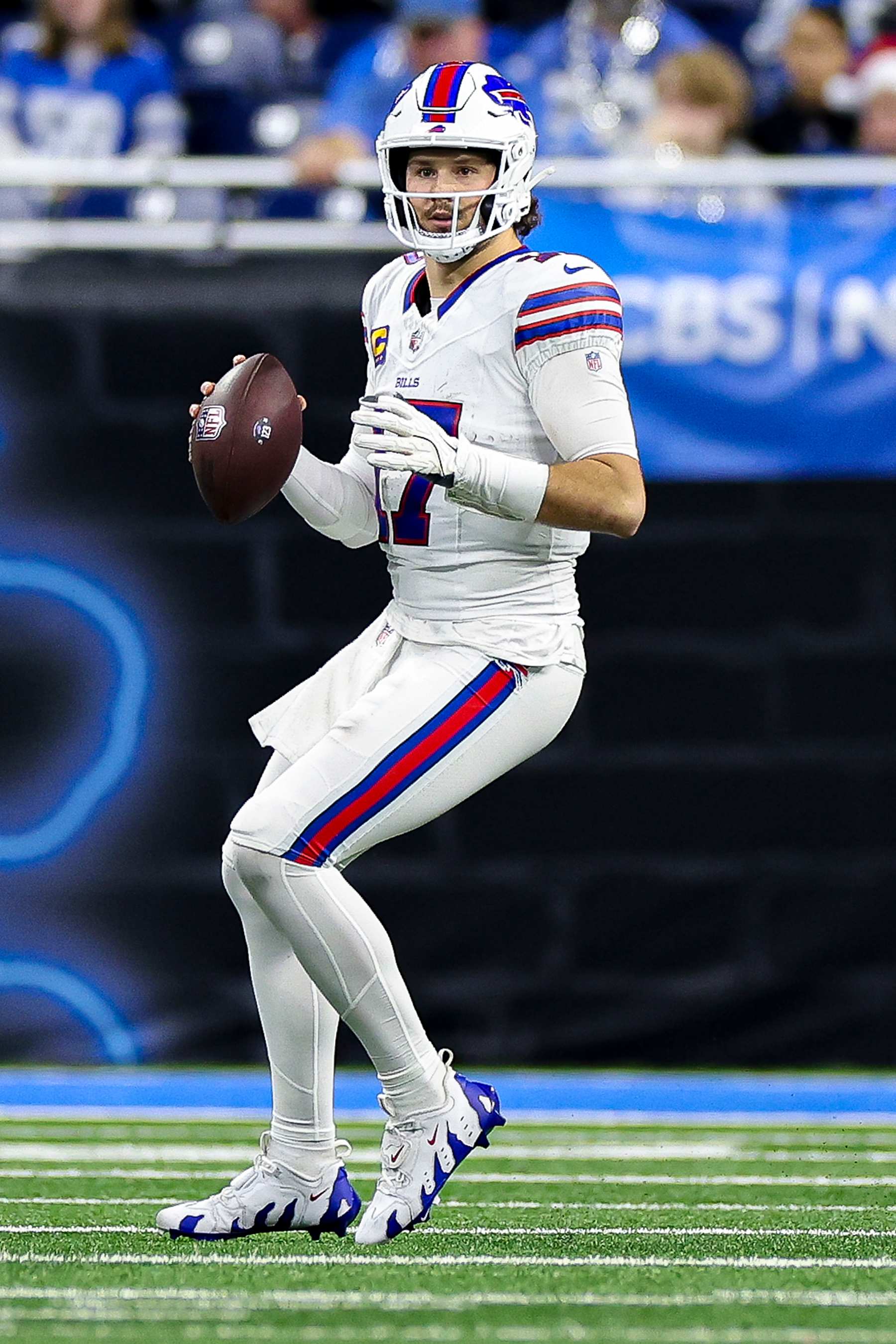 DETROIT, MICHIGAN - DECEMBER 15: Josh Allen #17 of the Buffalo Bills looks to throw a pass in the second quarter of a game against the Detroit Lions at Ford Field on December 15, 2024 in Detroit, Michigan. (Photo by Mike Mulholland/Getty Images)